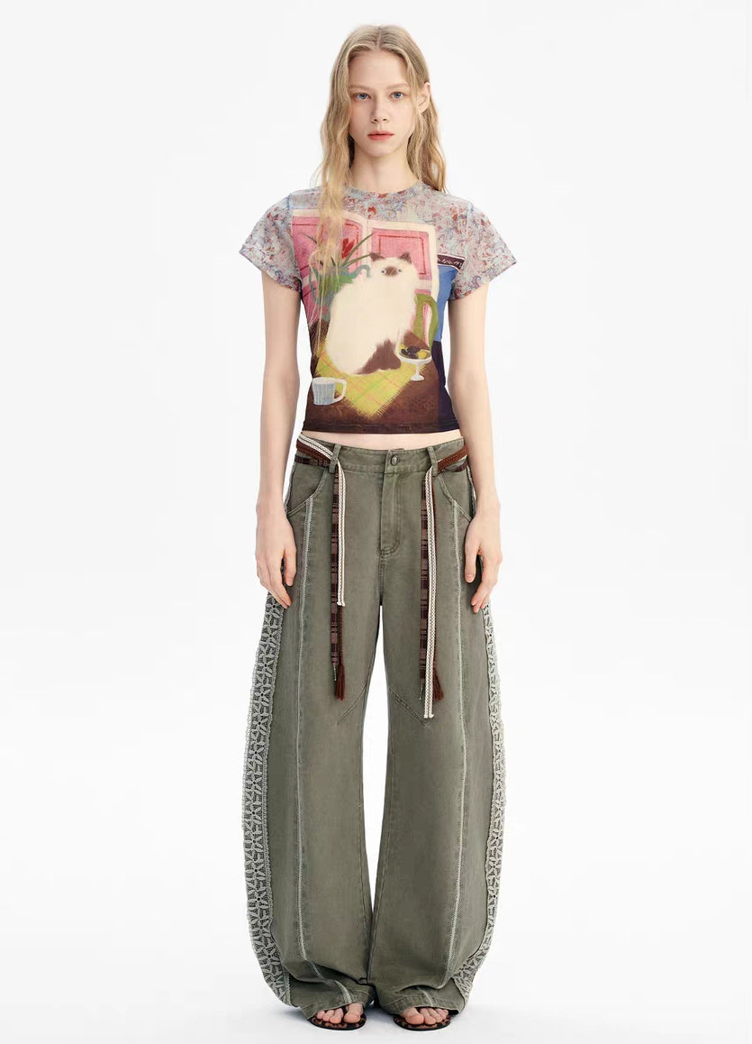 Vintage Cat Mesh Print Slim Fit Tee