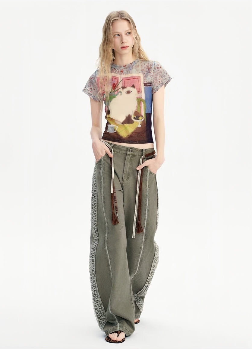 Vintage Cat Mesh Print Slim Fit Tee