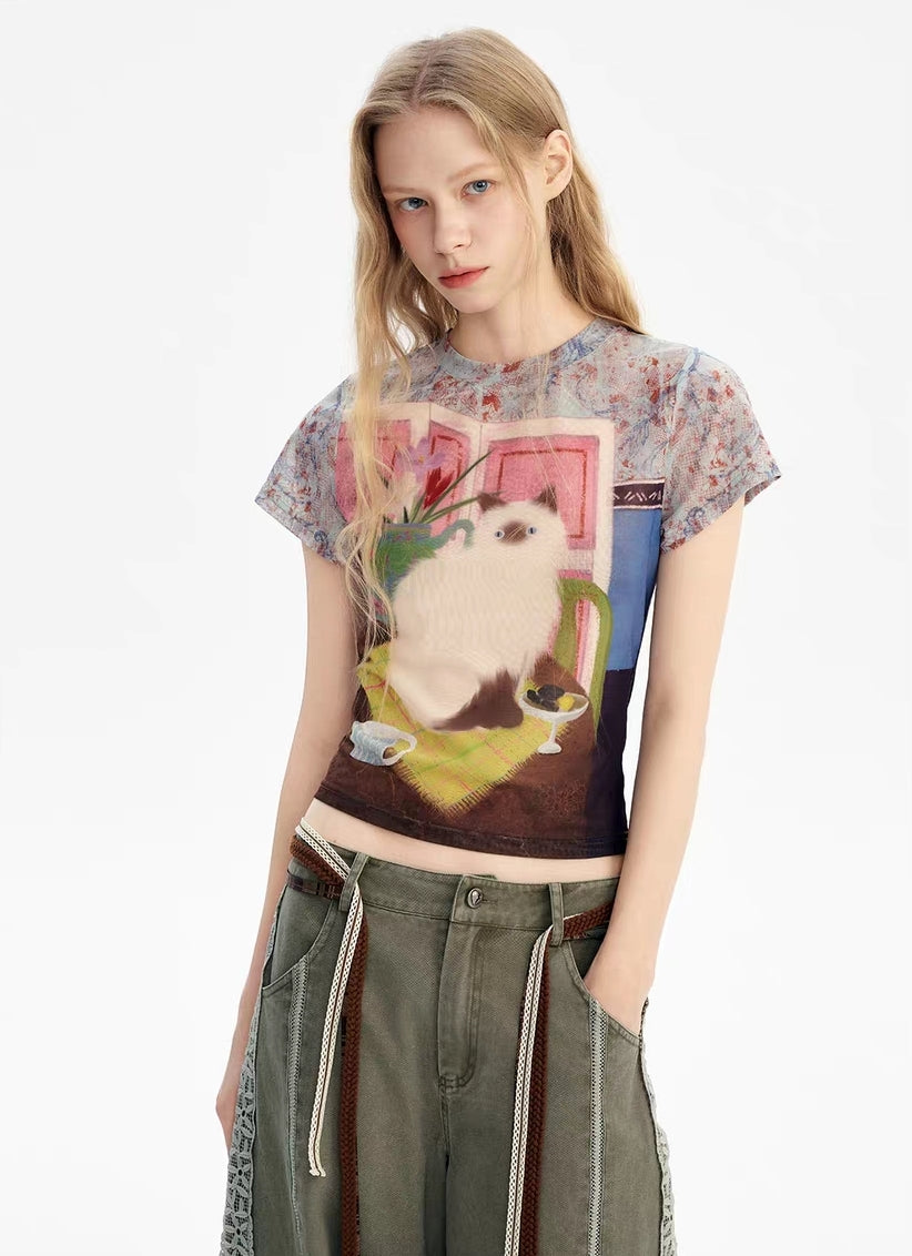 Vintage Cat Mesh Print Slim Fit Tee