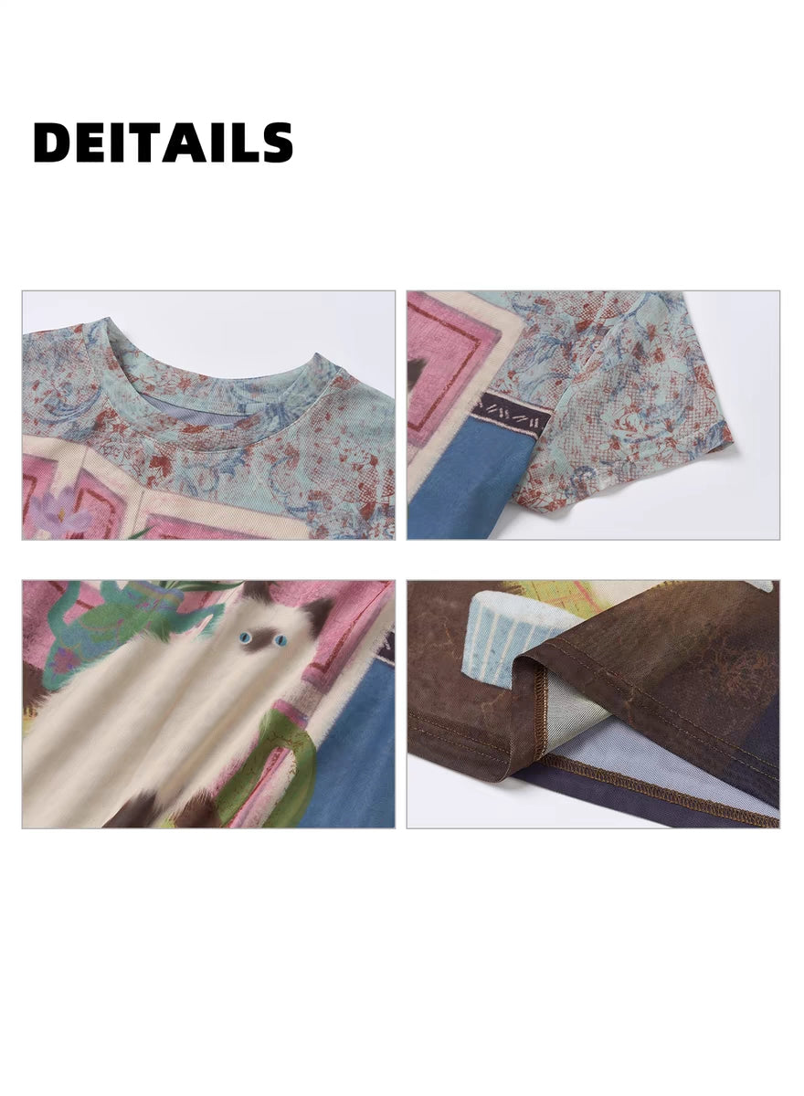 Vintage Cat Mesh Print Slim Fit Tee