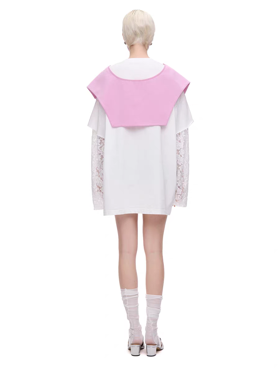 Cartoon Cat Graphic Tee with Lace Sleeves
