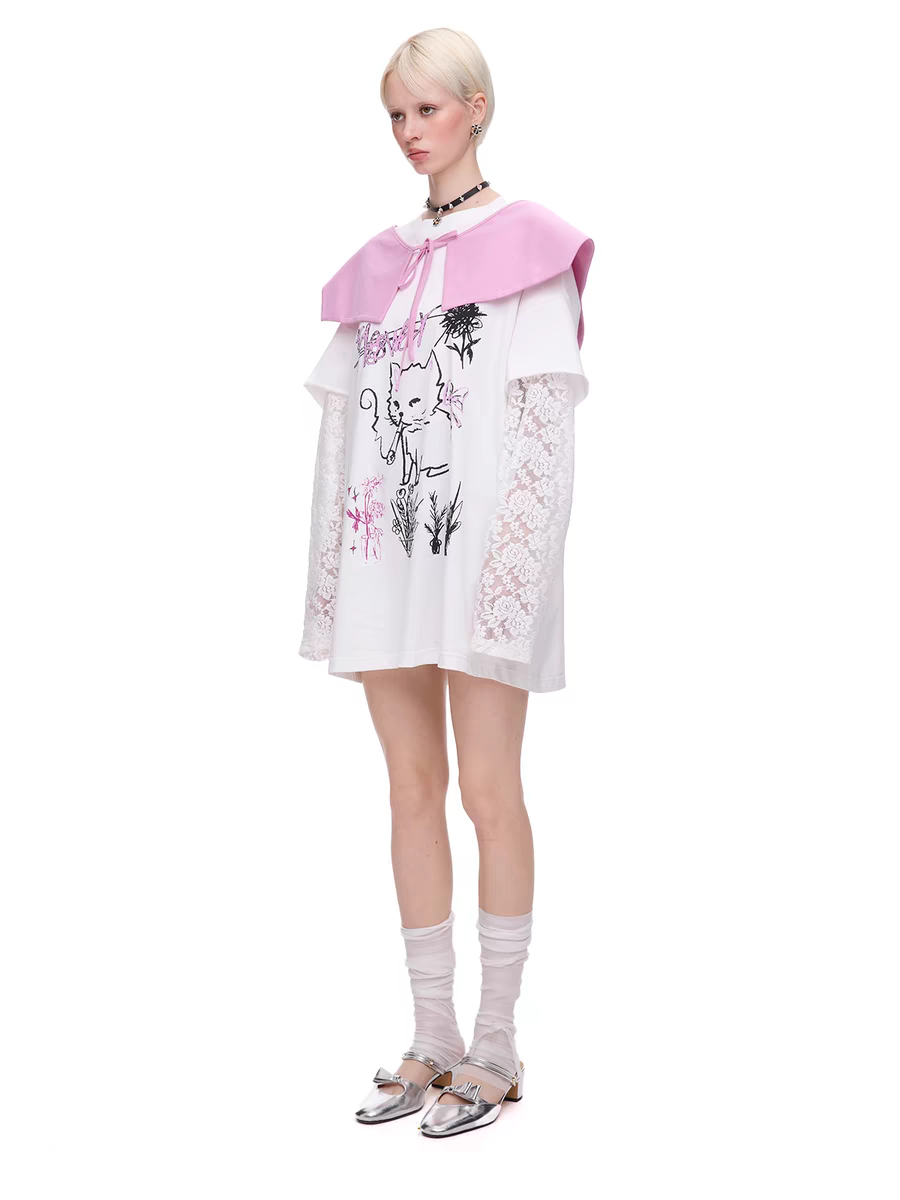 Cartoon Cat Graphic Tee with Lace Sleeves