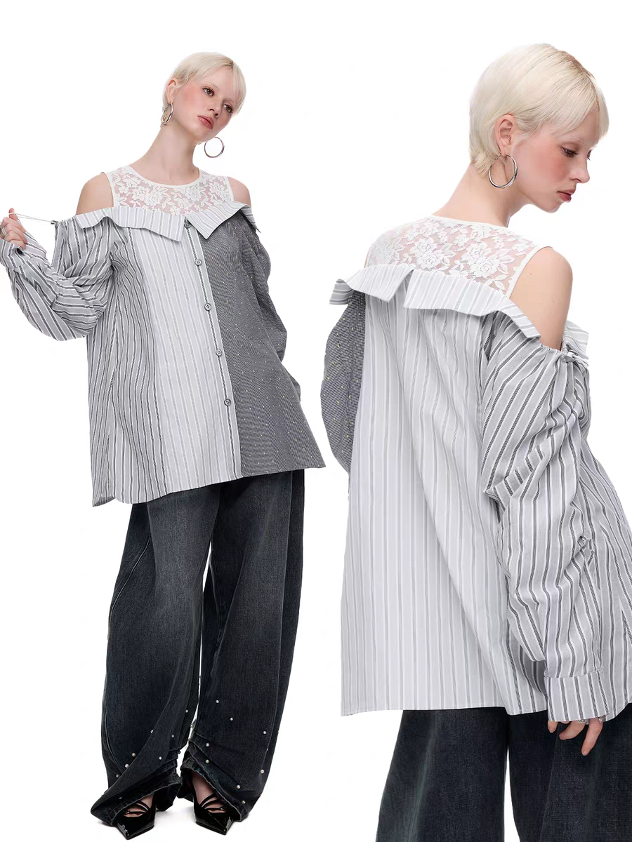 Lace Panel Cold Shoulder Patchwork Shirt