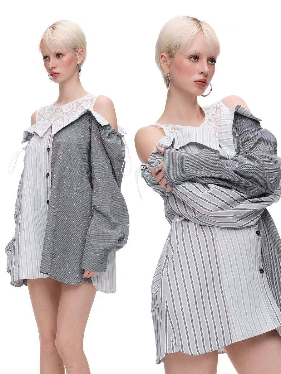 Lace Panel Cold Shoulder Patchwork Shirt