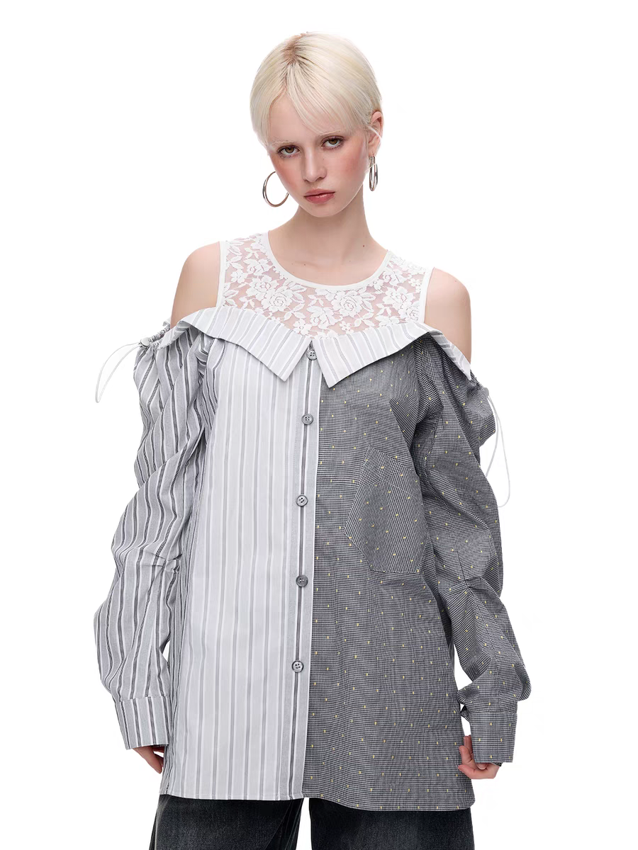 Lace Panel Cold Shoulder Patchwork Shirt