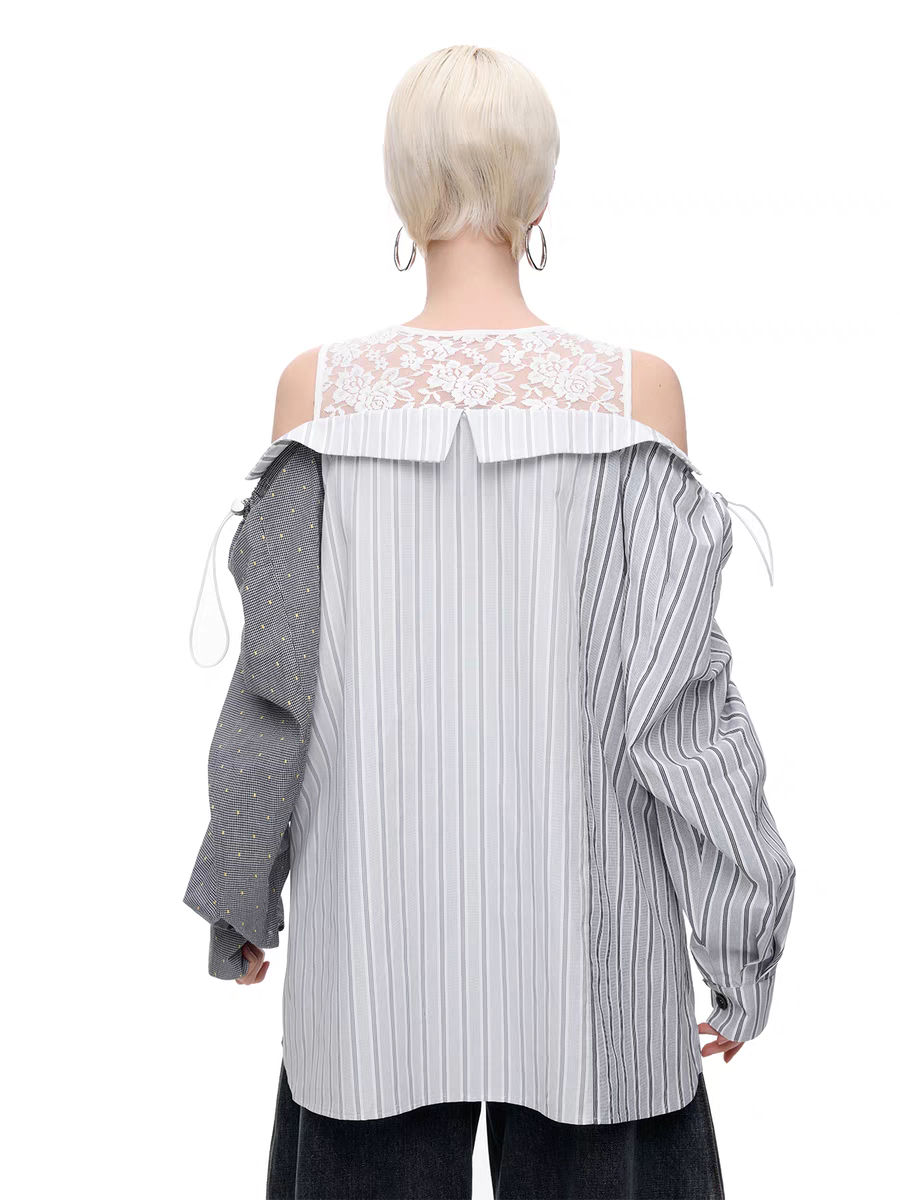 Lace Panel Cold Shoulder Patchwork Shirt