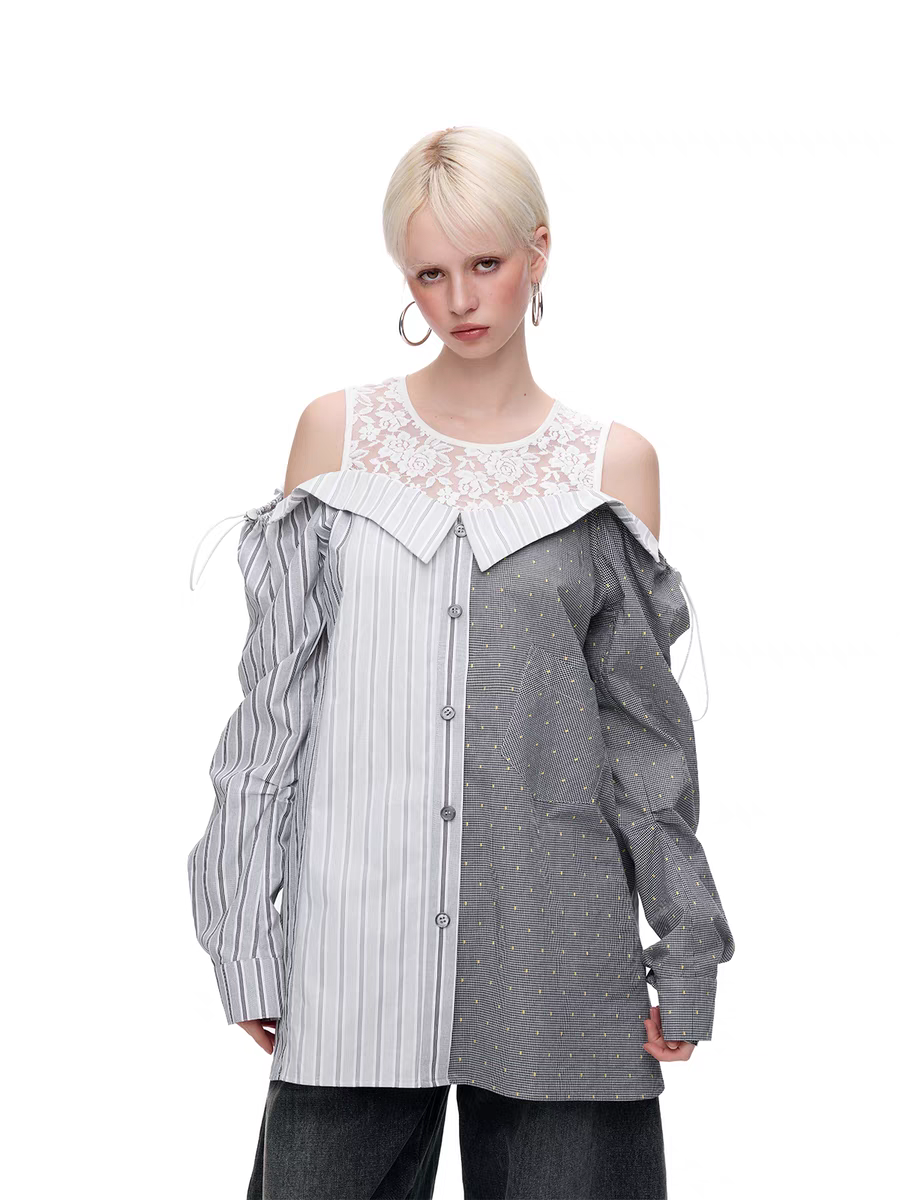 Lace Panel Cold Shoulder Patchwork Shirt