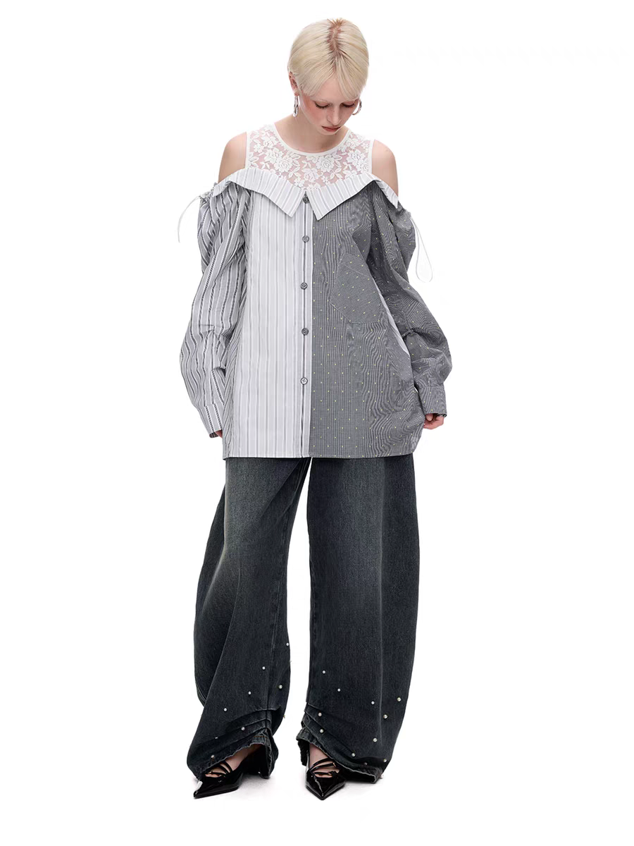 Lace Panel Cold Shoulder Patchwork Shirt