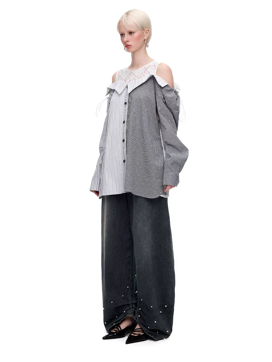 Lace Panel Cold Shoulder Patchwork Shirt