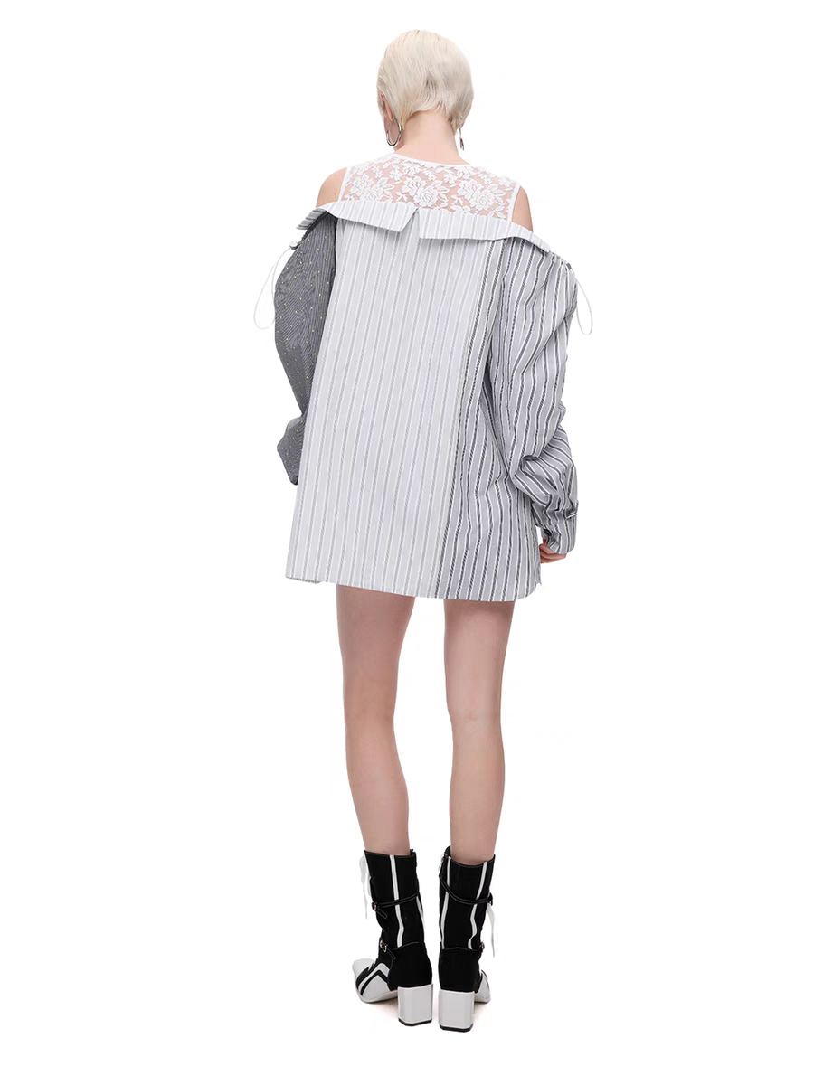 Lace Panel Cold Shoulder Patchwork Shirt