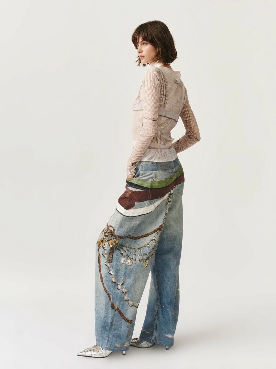 Blue Belt Graphic Straight Leg Jeans