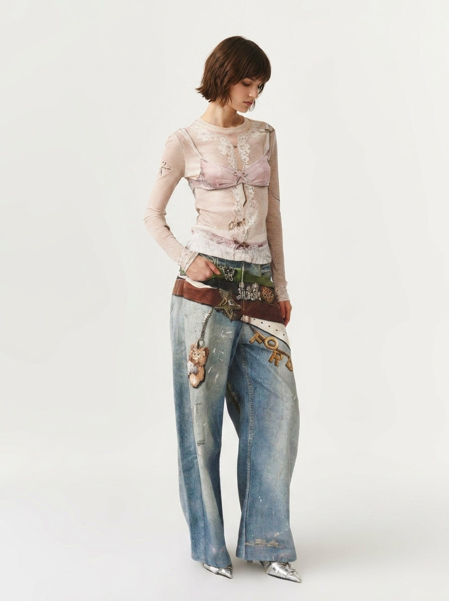 Blue Belt Graphic Straight Leg Jeans