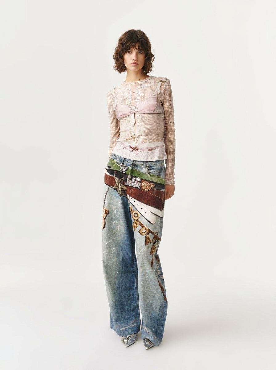 Blue Belt Graphic Straight Leg Jeans