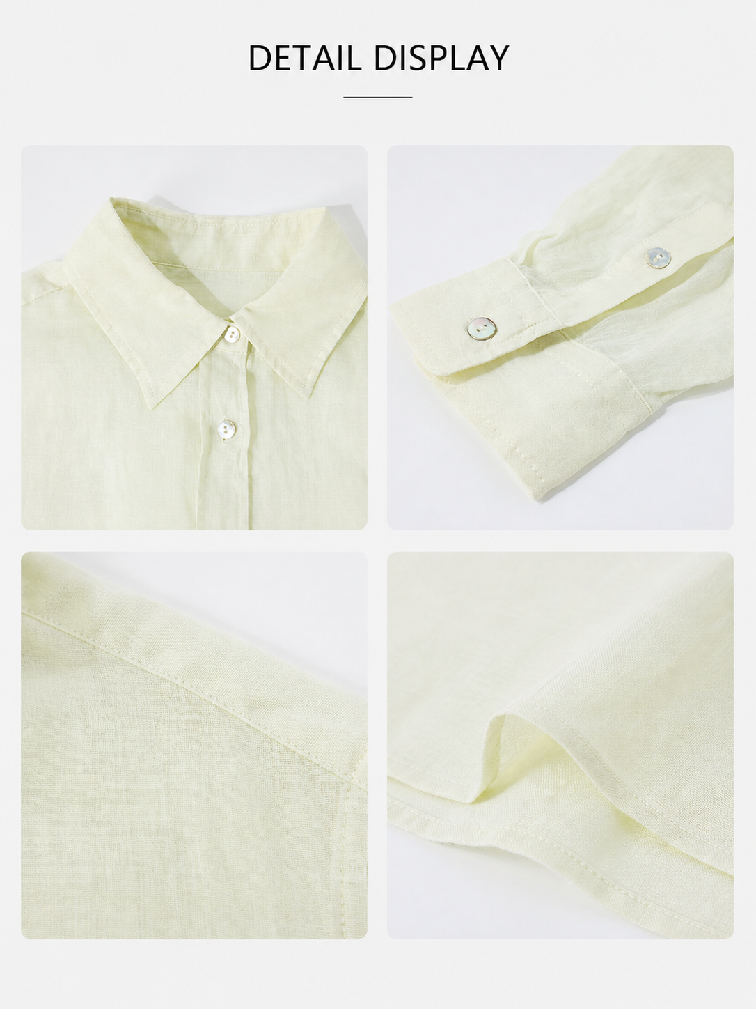 Detail display of apple green relaxed ramie shirt shown from the side with a soft sheer layered finish.