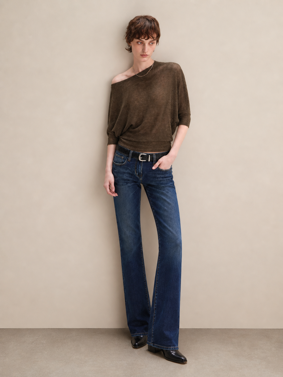 Brown asymmetric off shoulder batwing knit top, full body view