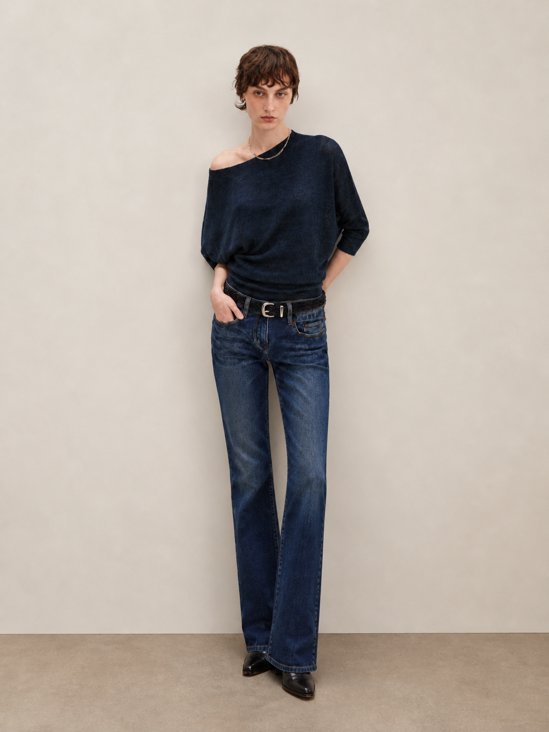 Navy asymmetric off shoulder batwing knit top, full body view