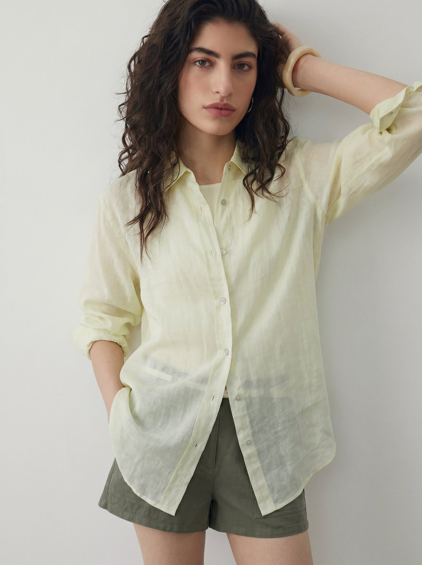 BapHood apple green ramie shirt with a lightweight semi-sheer finish and easy button-front styling.