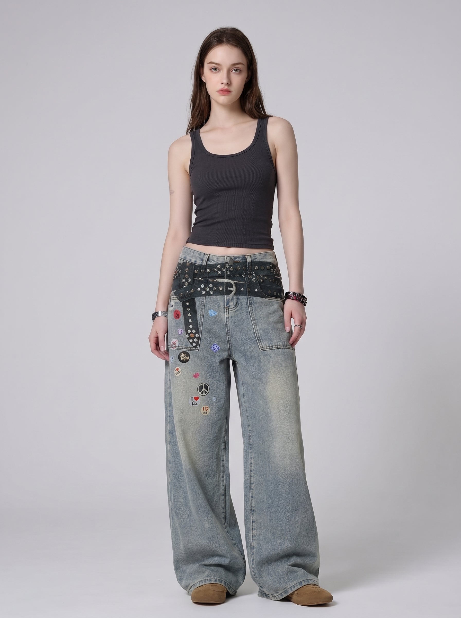 Badge patch wide-leg jeans in light wash, front view