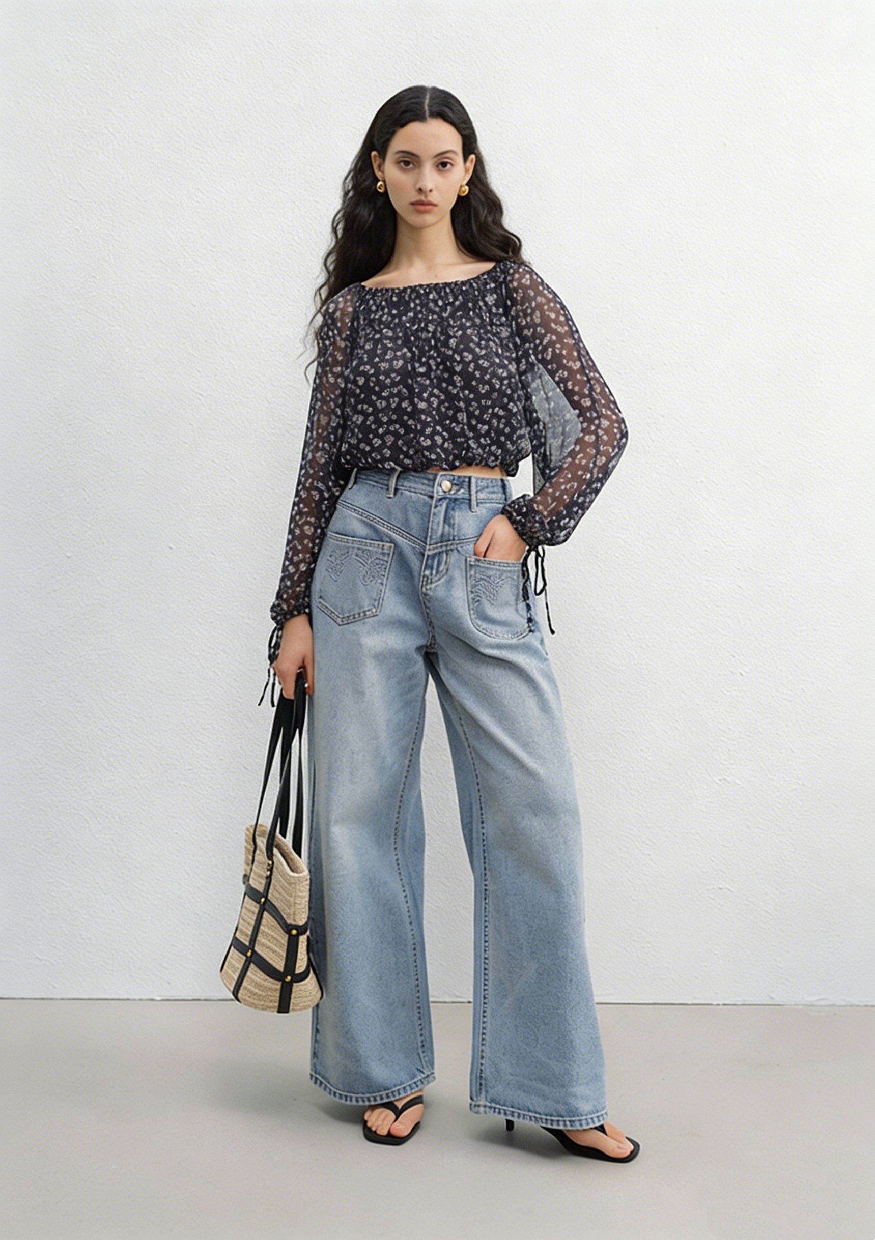 BapHood black floral off-shoulder blouse and flowing midi skirt two-piece outfit with romantic silhouette