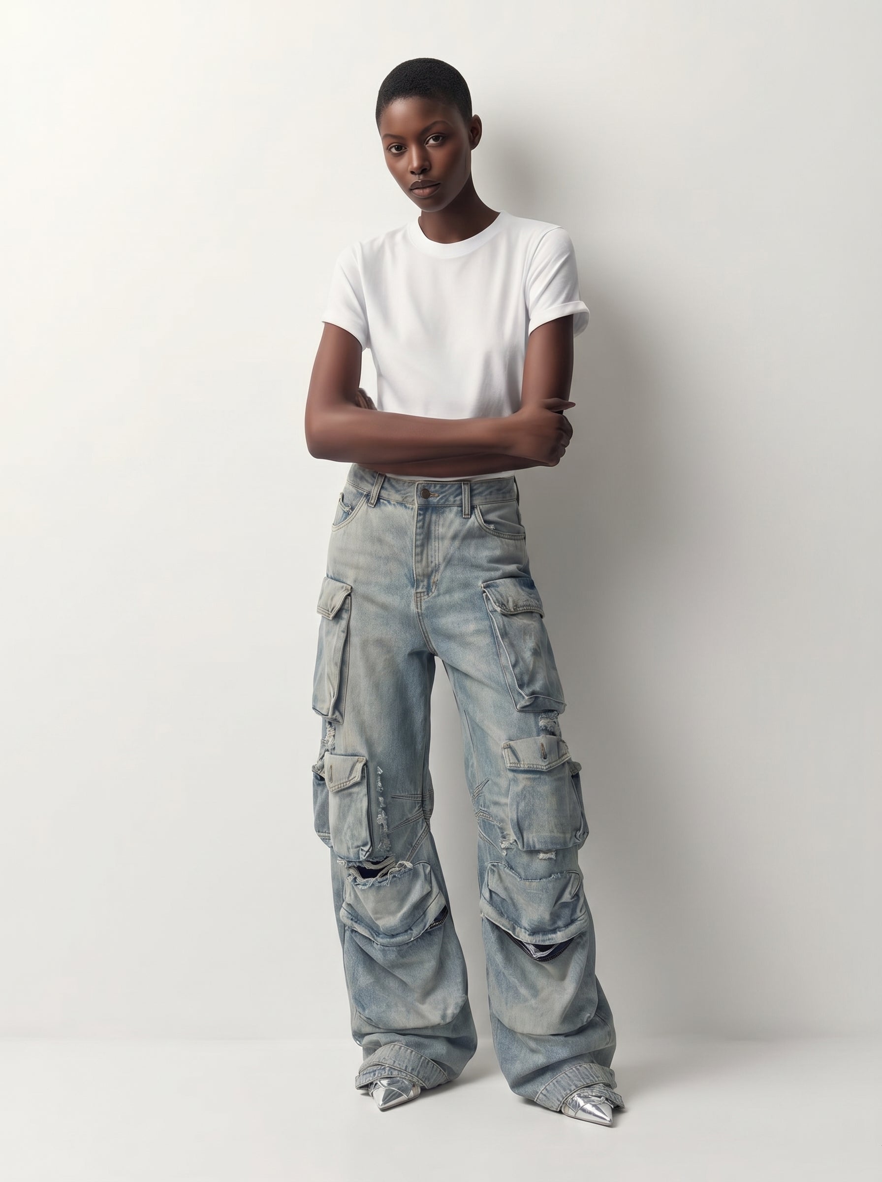 Full-body view of black heavy-distress multi-pocket cargo jeans