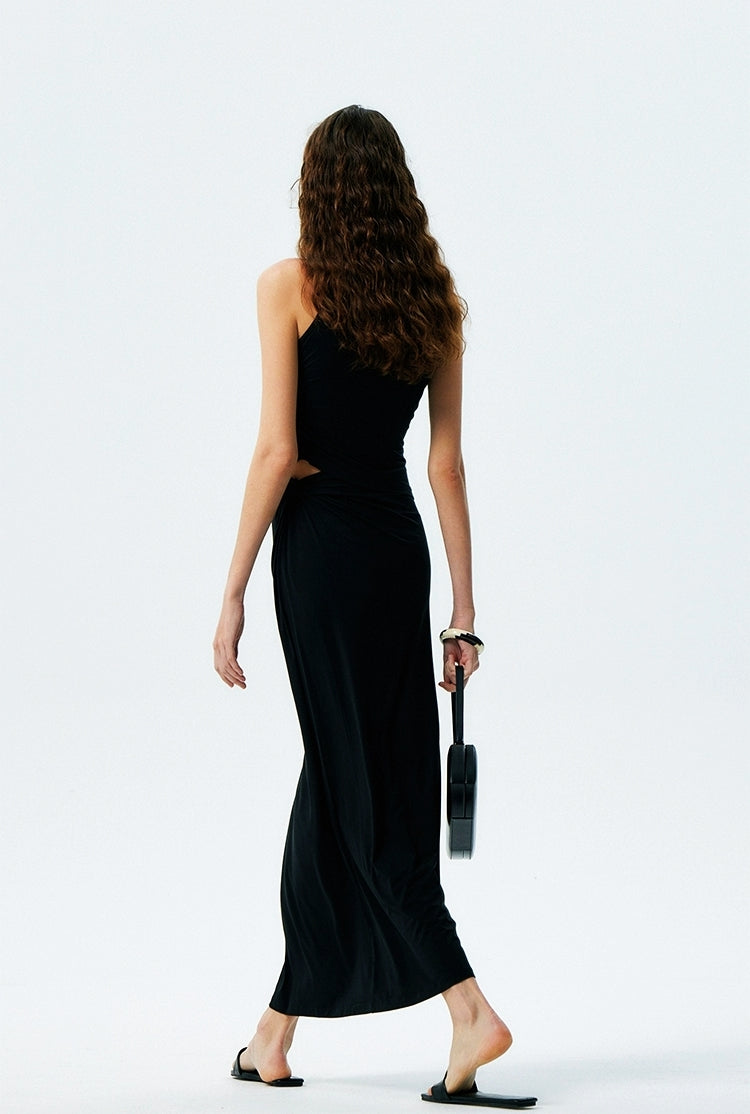 Back view of black one-shoulder ruched maxi dress