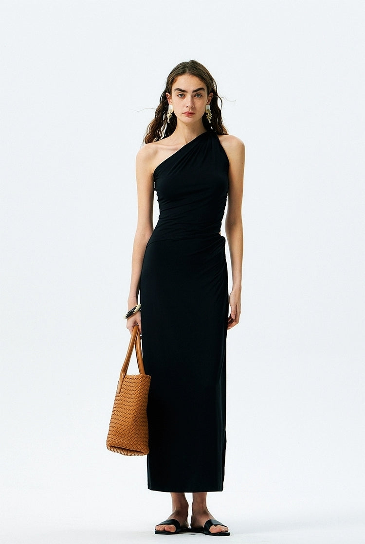 BapHood black asymmetric one shoulder maxi dress with ruched waist and elegant minimalist silhouette