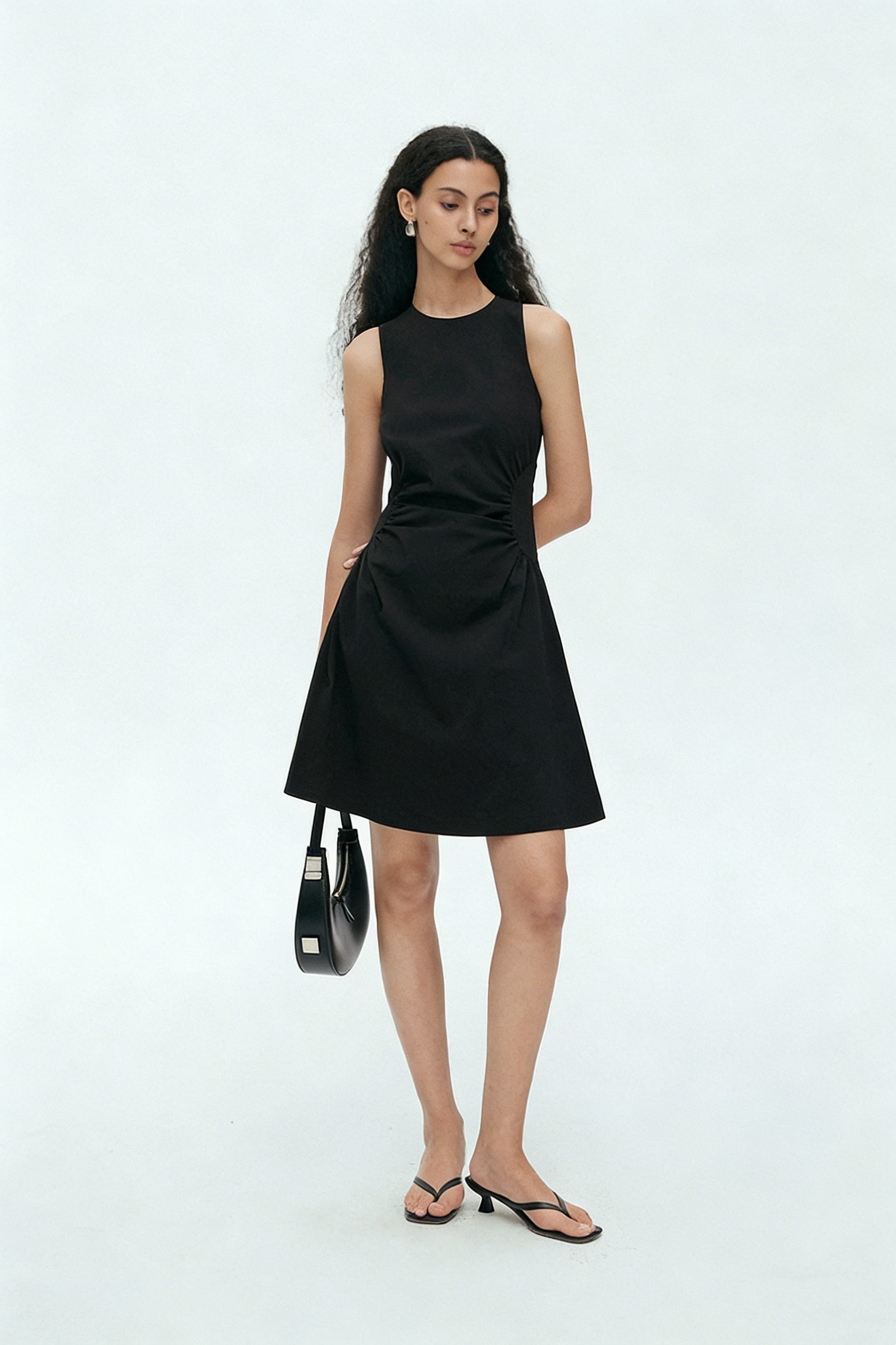 BapHood black sleeveless ruched waist mini dress with flattering sculpted silhouette