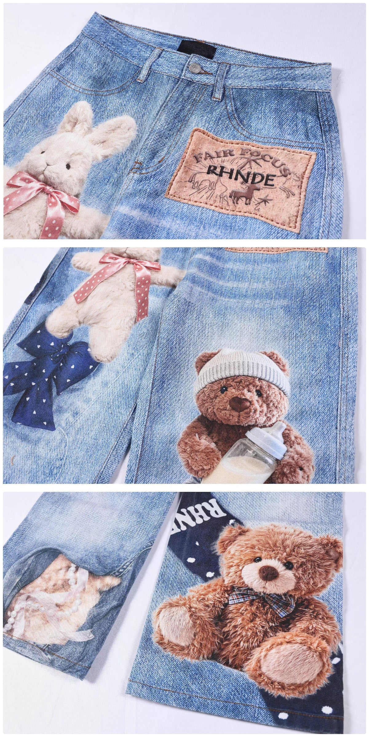 BapHood blue teddy print wide-leg jeans shown flat with front and back graphic denim details.