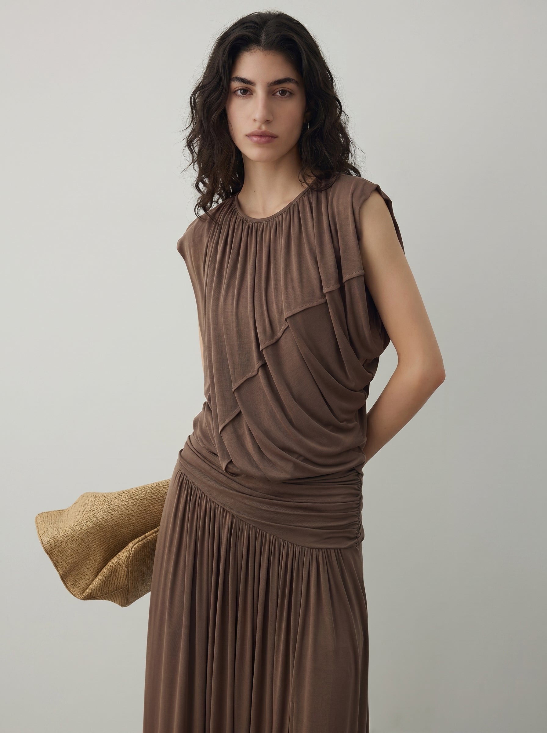 BapHood brown ruched sleeveless skirt set with close front detail, U neckline, and soft draped texture.