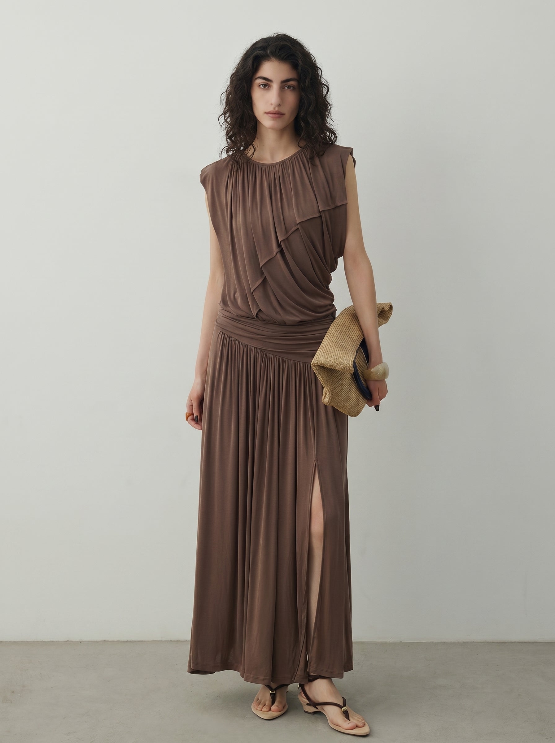 BapHood brown ruched two-piece skirt set shown from the side back with a sleeveless top and flowing maxi skirt.