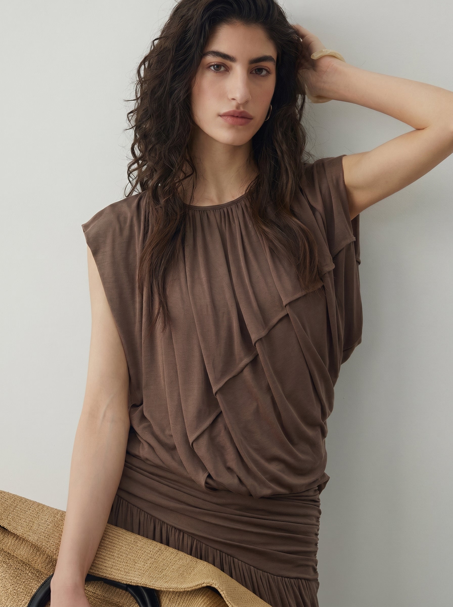 BapHood brown ruched skirt set with a close view of the sleeveless top and textured draped finish.