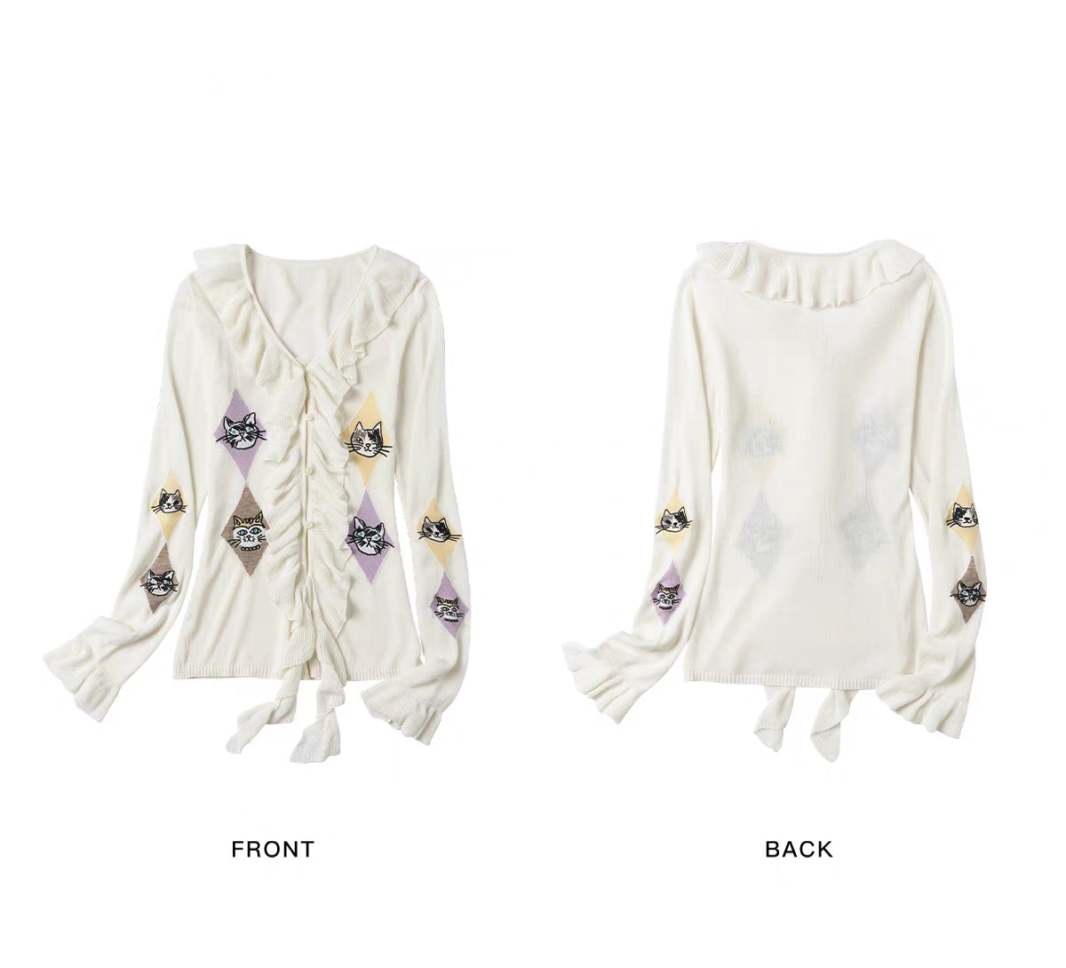 Flat lay front and back view of cat argyle ruffle tie-front cardigan top