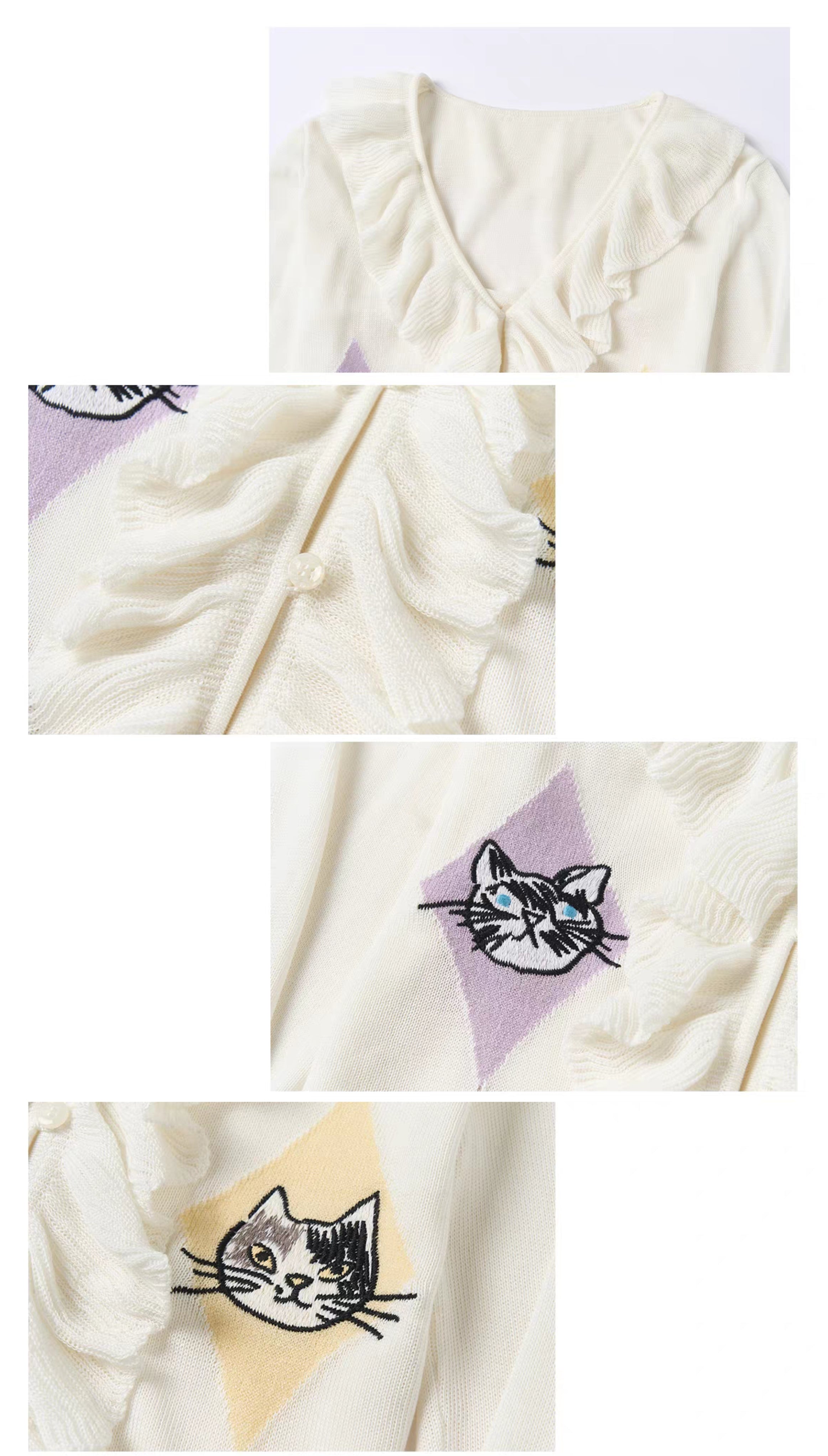 Detail collage showing ruffle neckline, tie-front closure, and cat motif knit texture