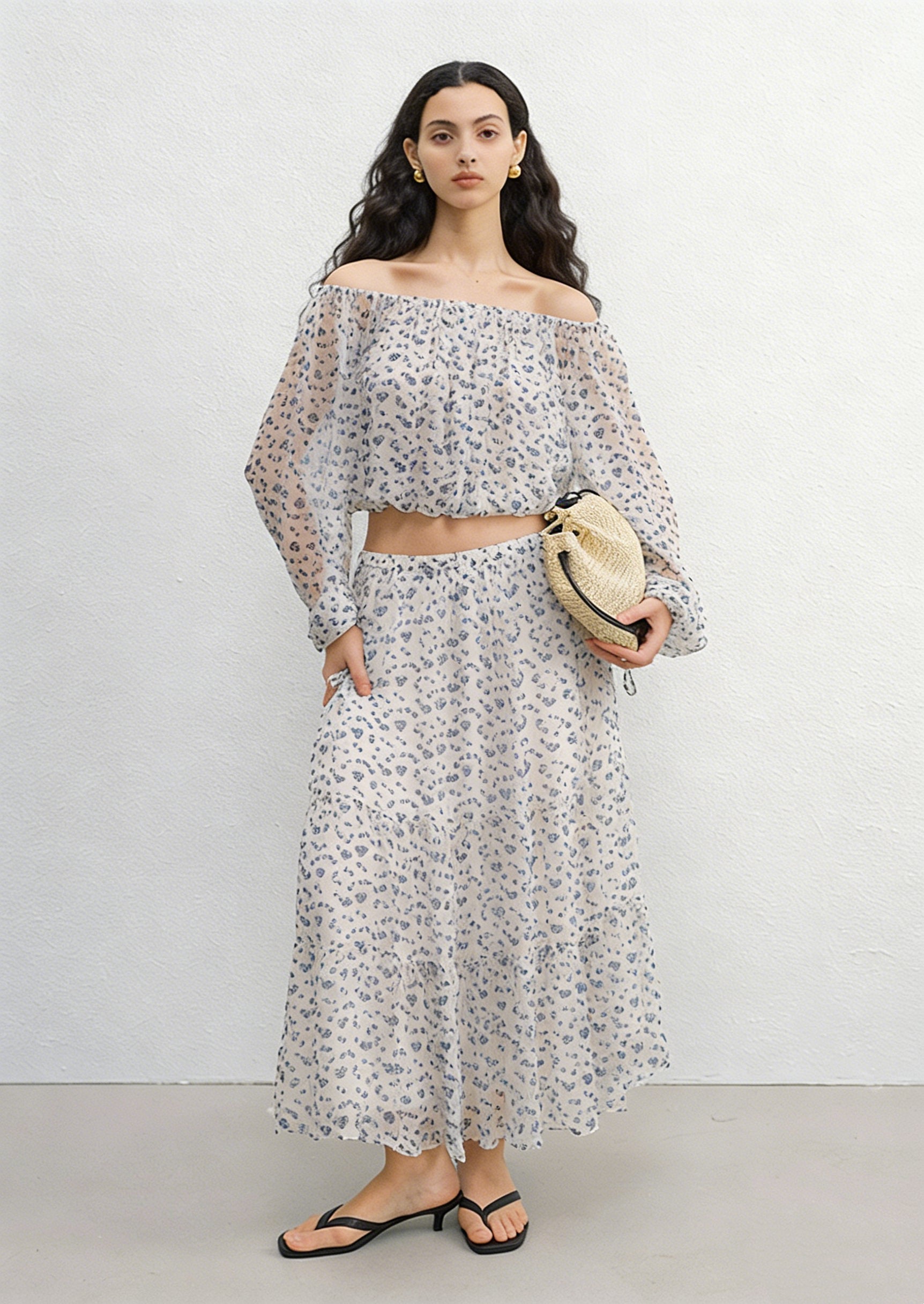 BapHood cream floral off-shoulder blouse with sheer sleeves and flowing midi skirt two-piece set