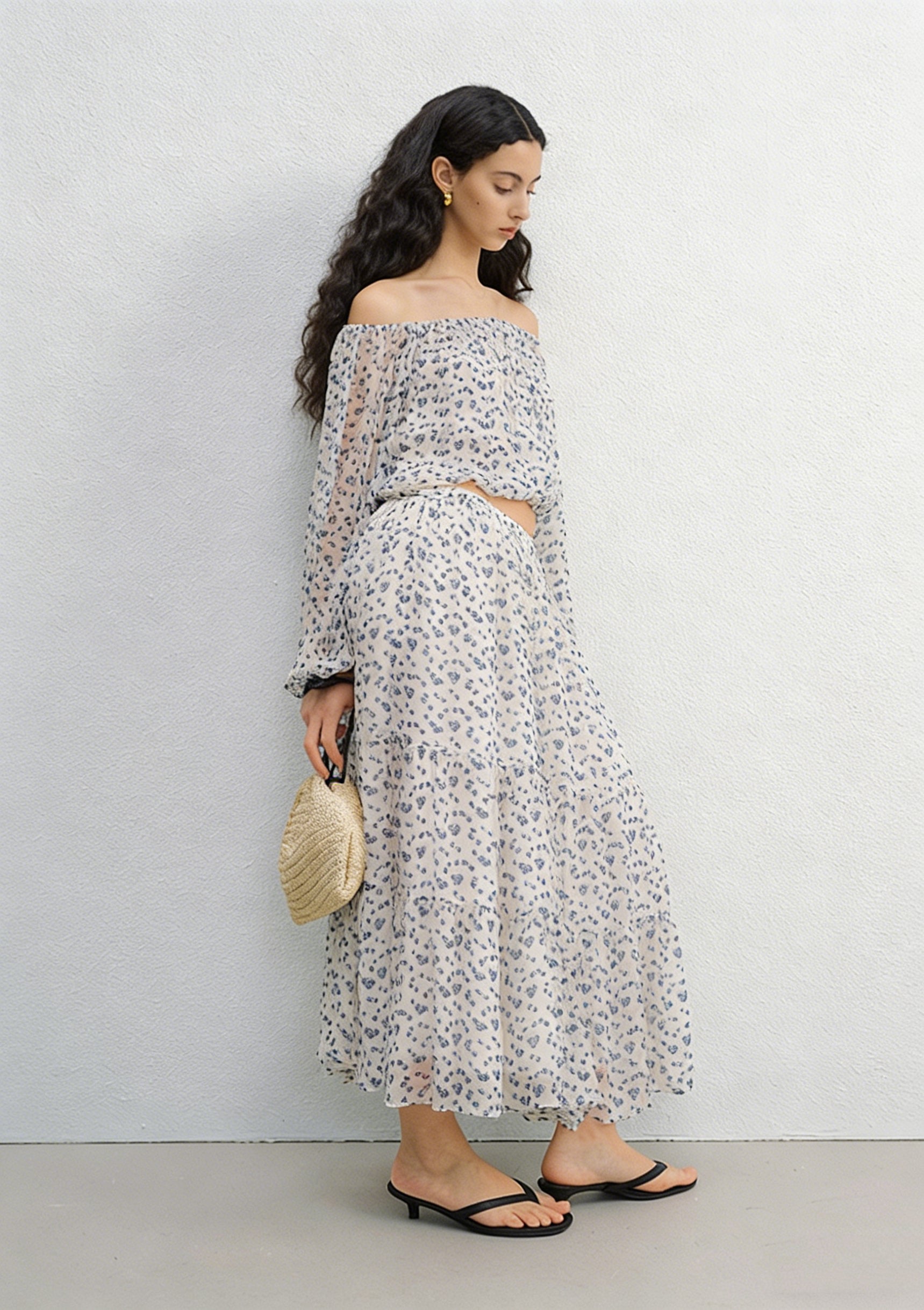 BapHood cream floral off-shoulder top and tiered midi skirt two-piece set with soft flowy movement