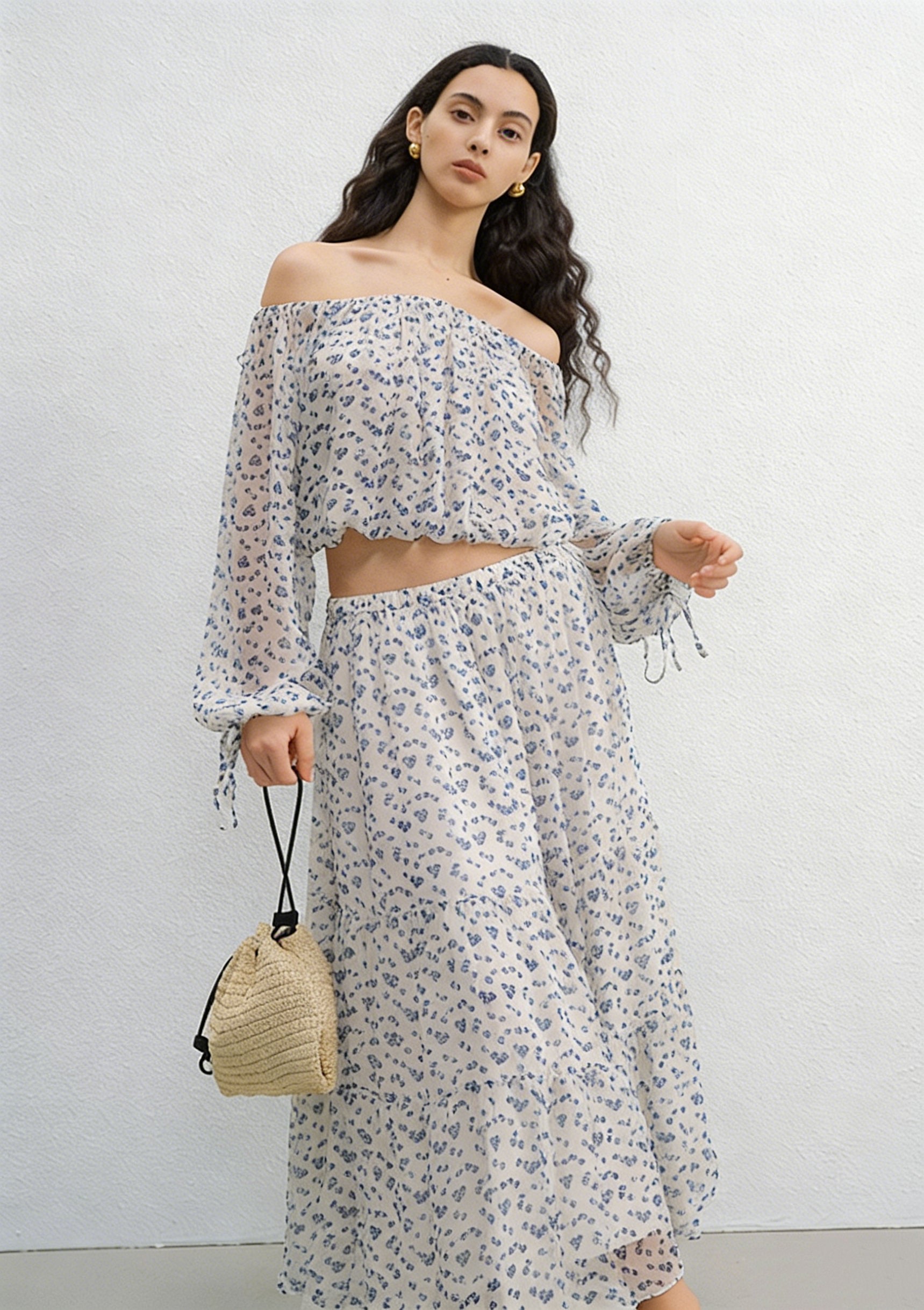 BapHood cream floral off-shoulder cropped blouse paired with airy midi skirt for feminine summer styling