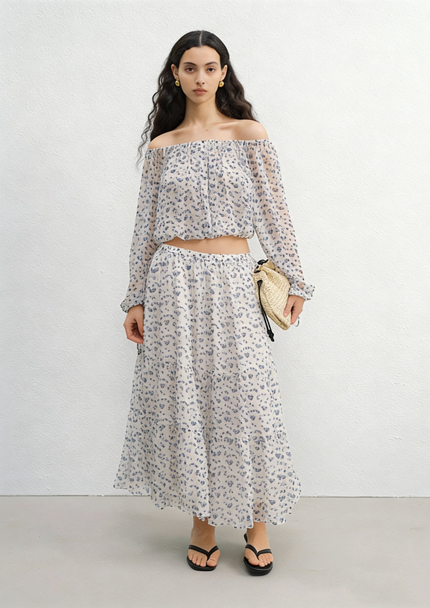 BapHood cream floral off-shoulder blouse and flowing midi skirt two-piece outfit with romantic silhouette
