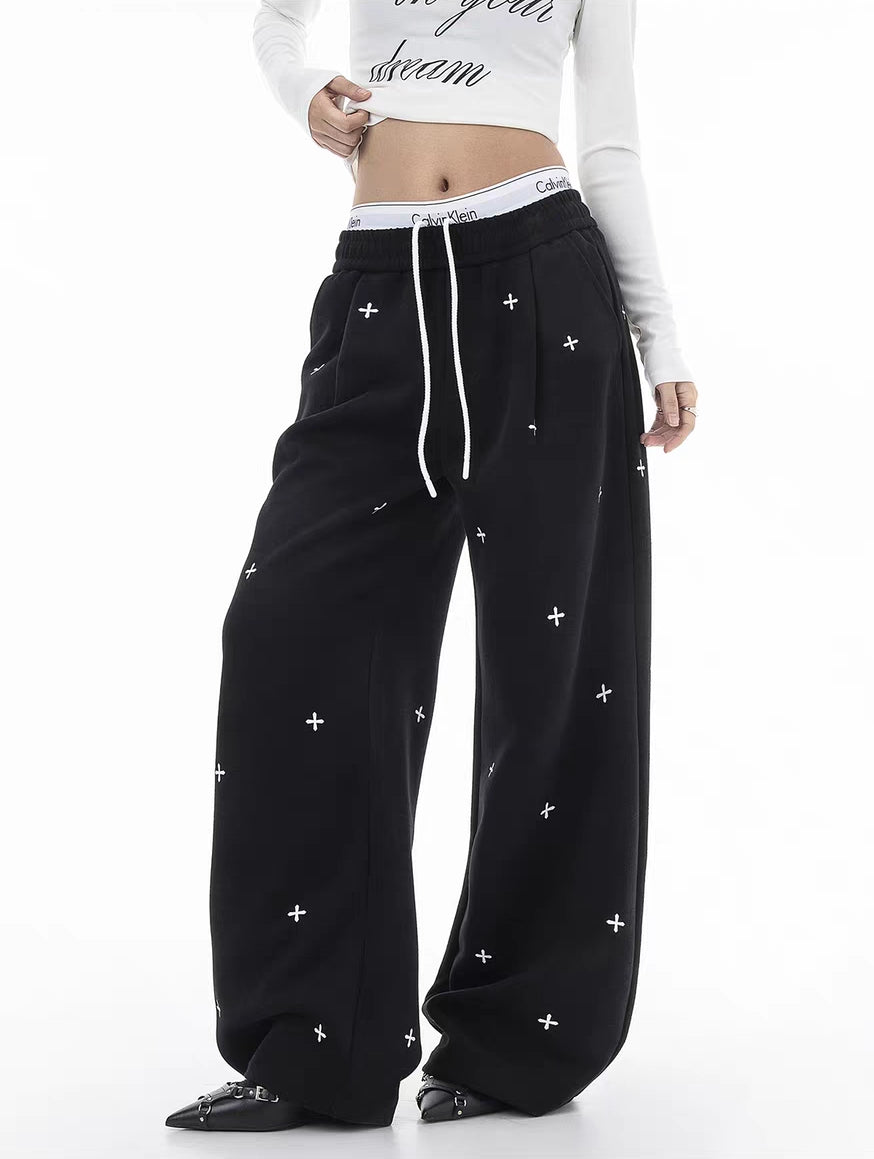 Cross Embroidered Wide-Leg Drawstring Sweatpants