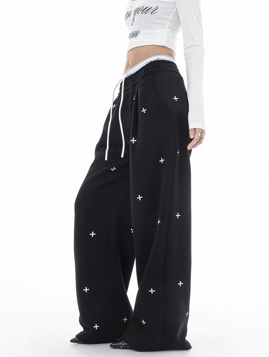 Cross Embroidered Wide-Leg Drawstring Sweatpants