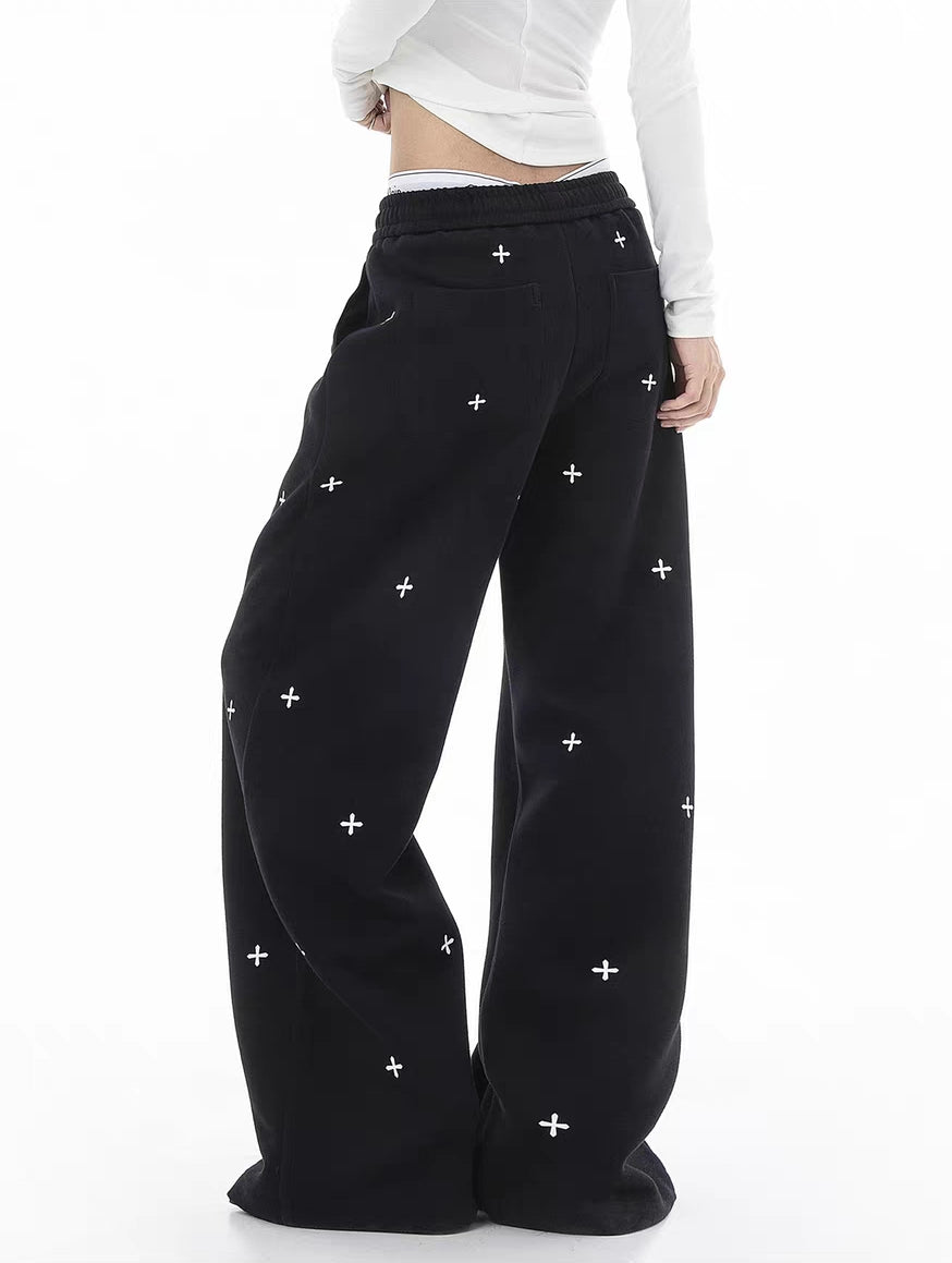 Cross Embroidered Wide-Leg Drawstring Sweatpants