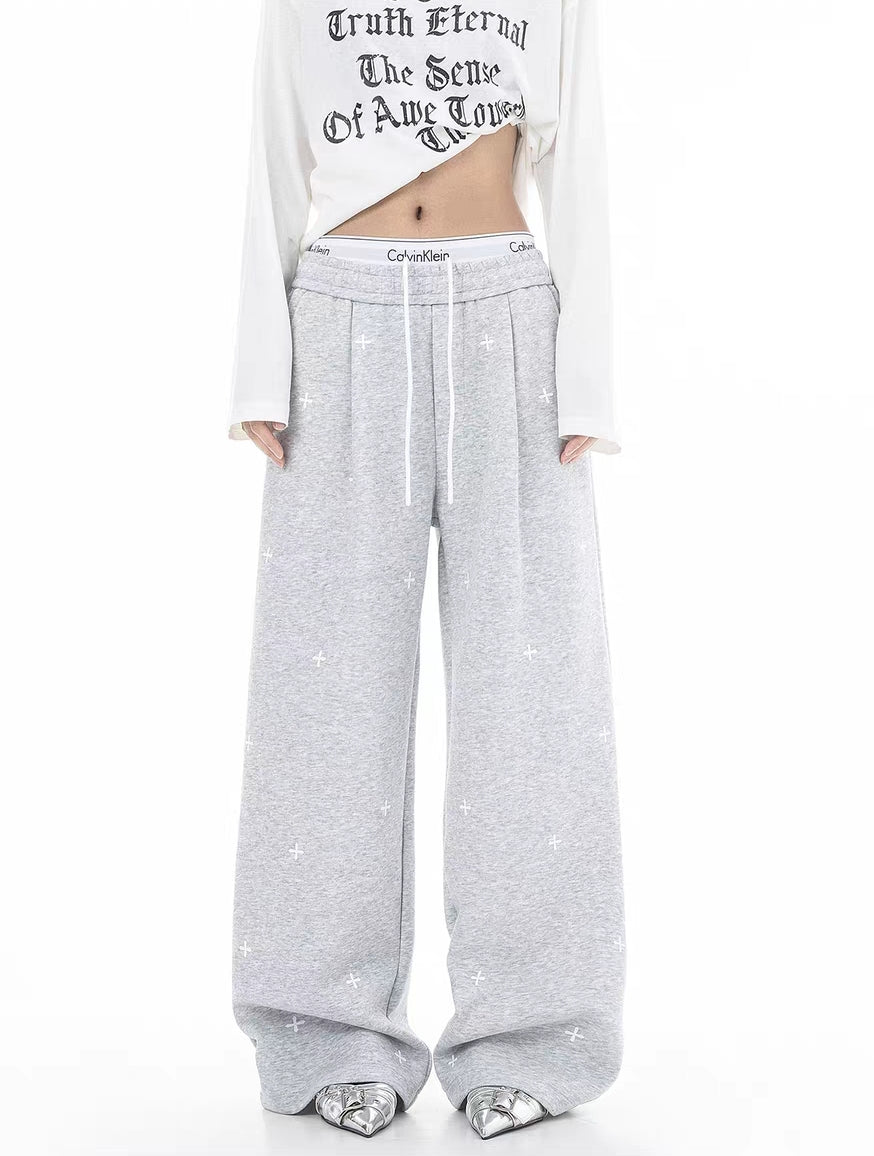 Cross Embroidered Wide-Leg Drawstring Sweatpants