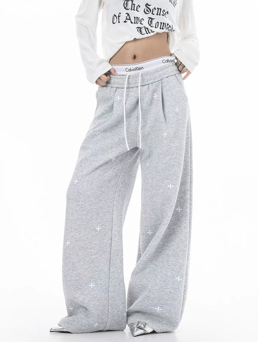 Cross Embroidered Wide-Leg Drawstring Sweatpants