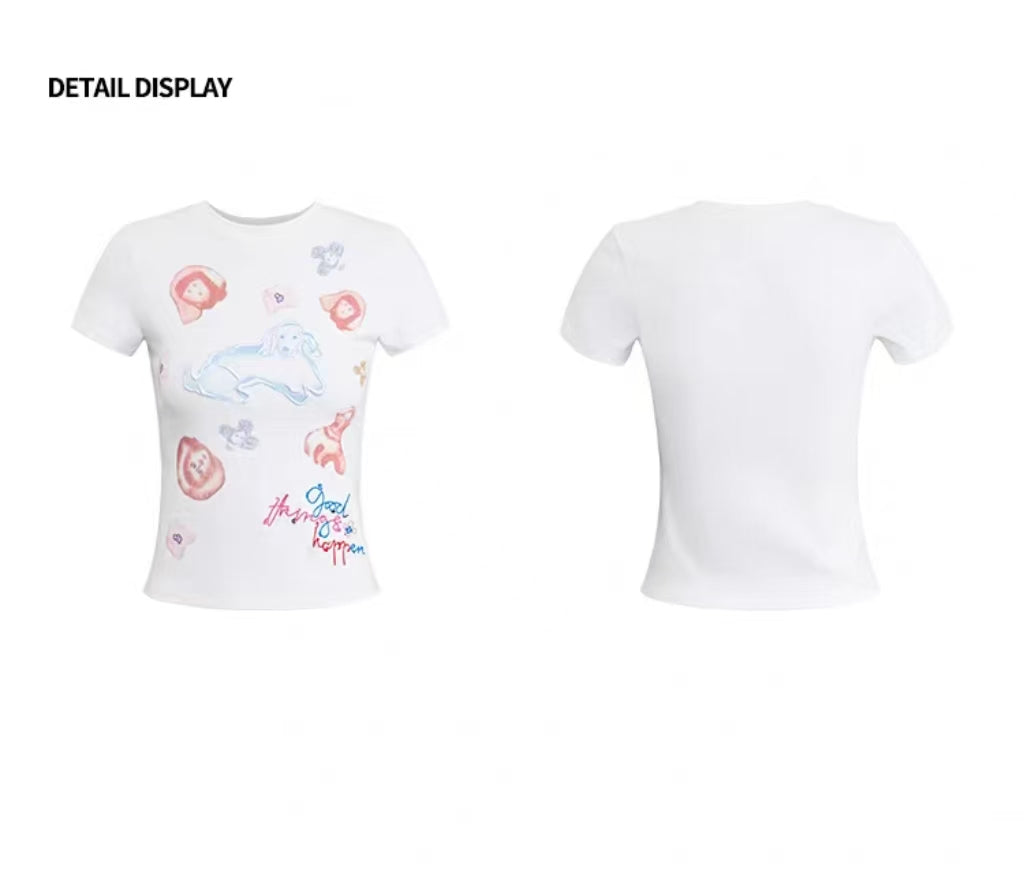 Flat lay front and back view of white graphic baby tee