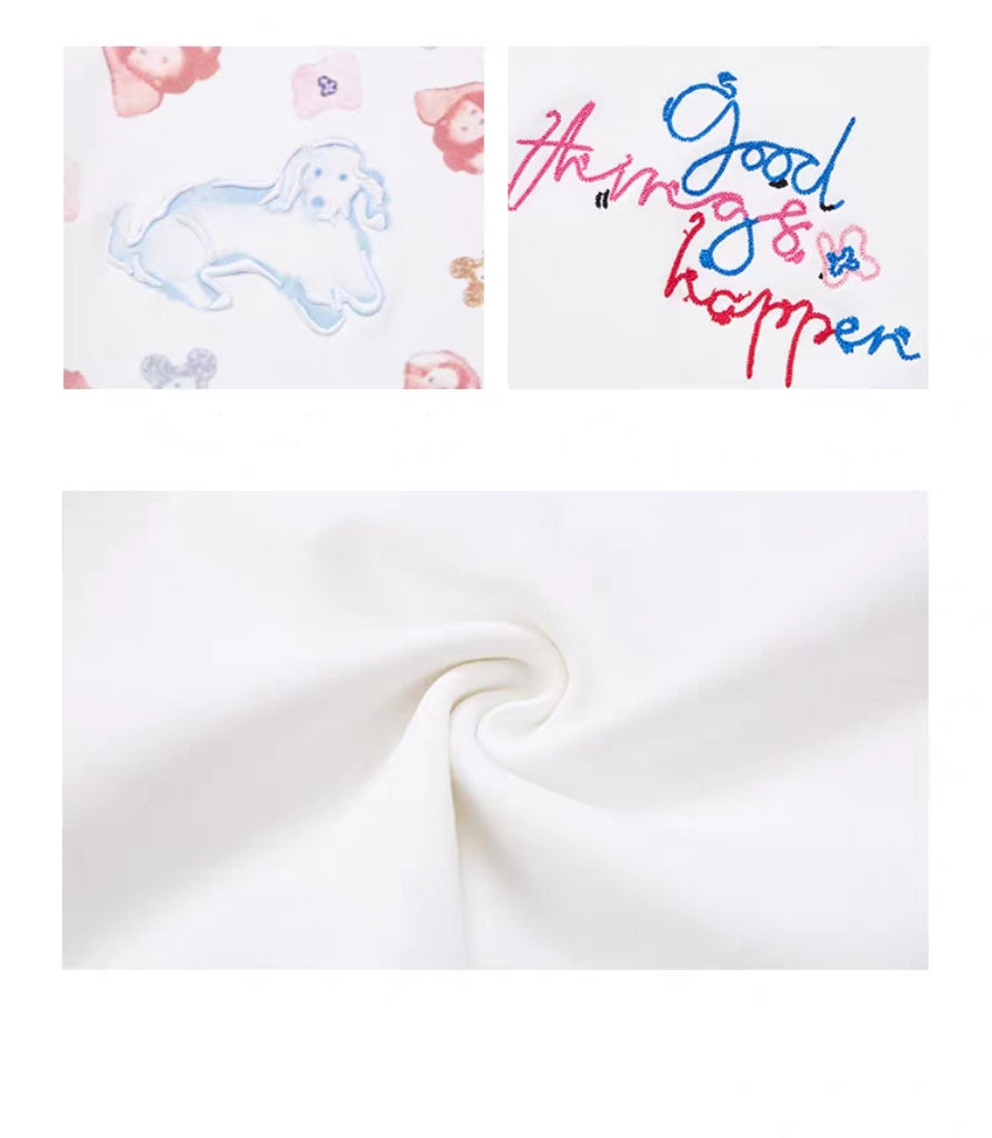 Detail collage showing puppy graphic, slogan print, and fabric texture