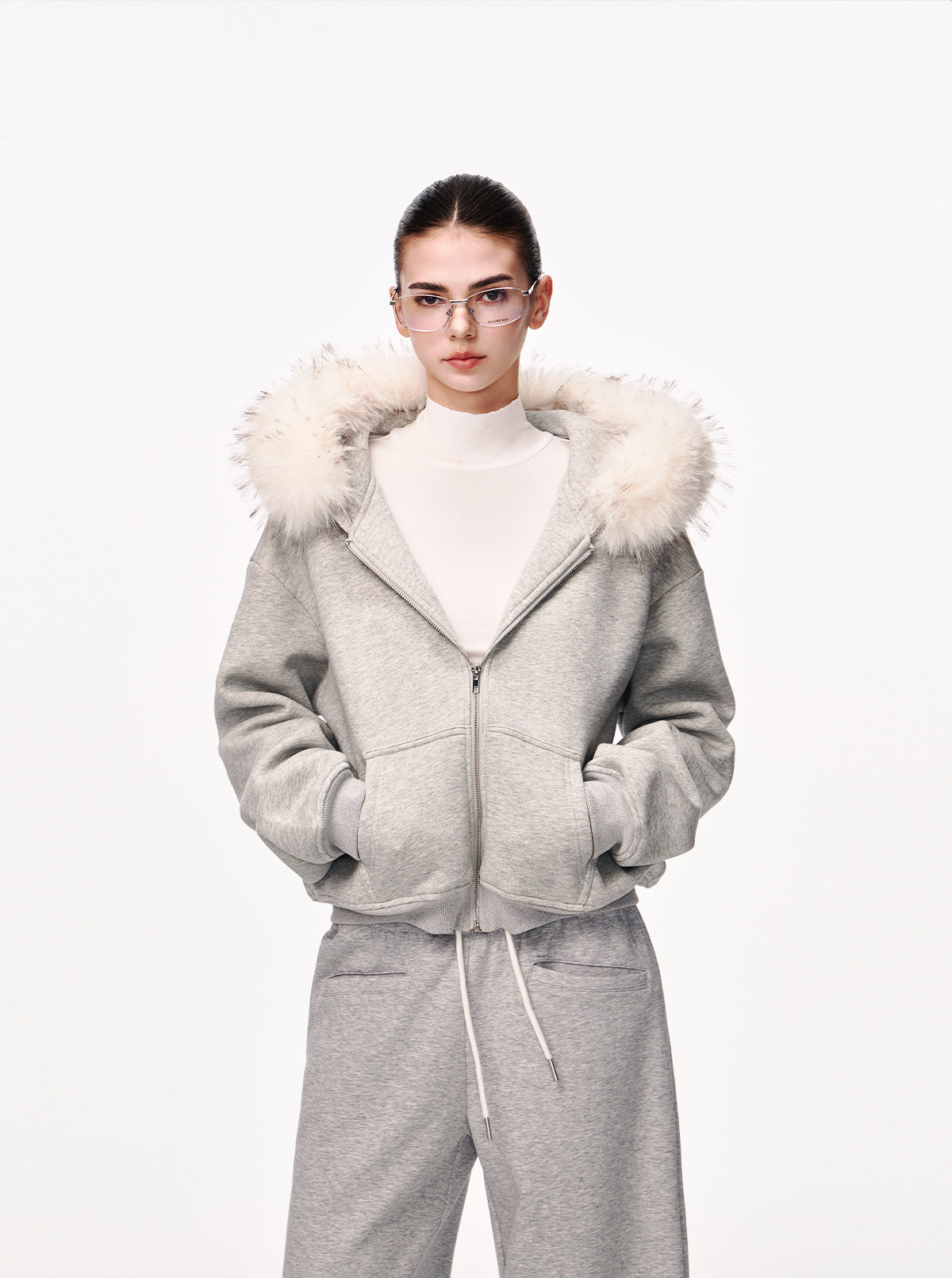Faux Fur Hood Cropped Zip Hoodie