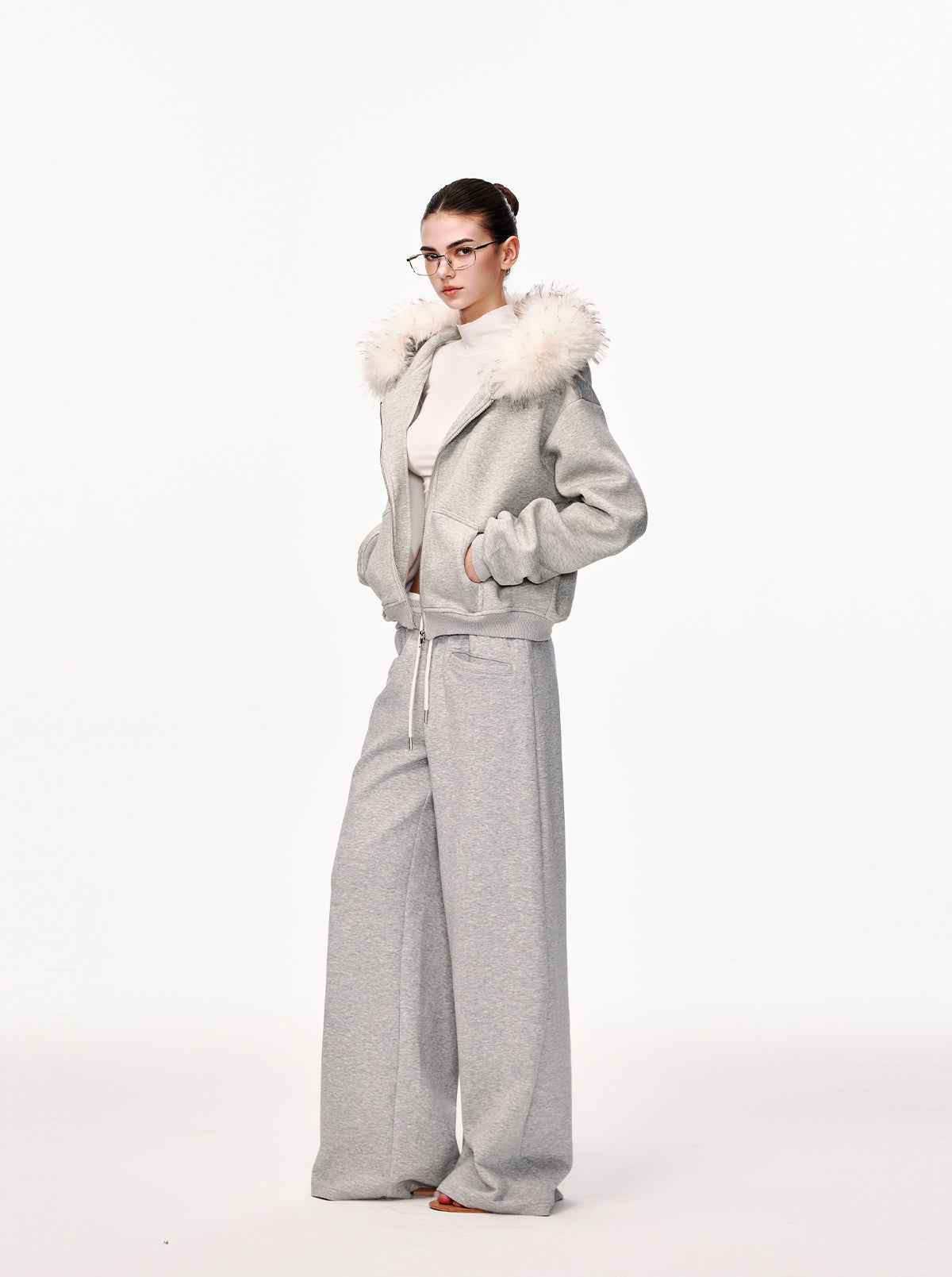 Faux Fur Hood Cropped Zip Hoodie