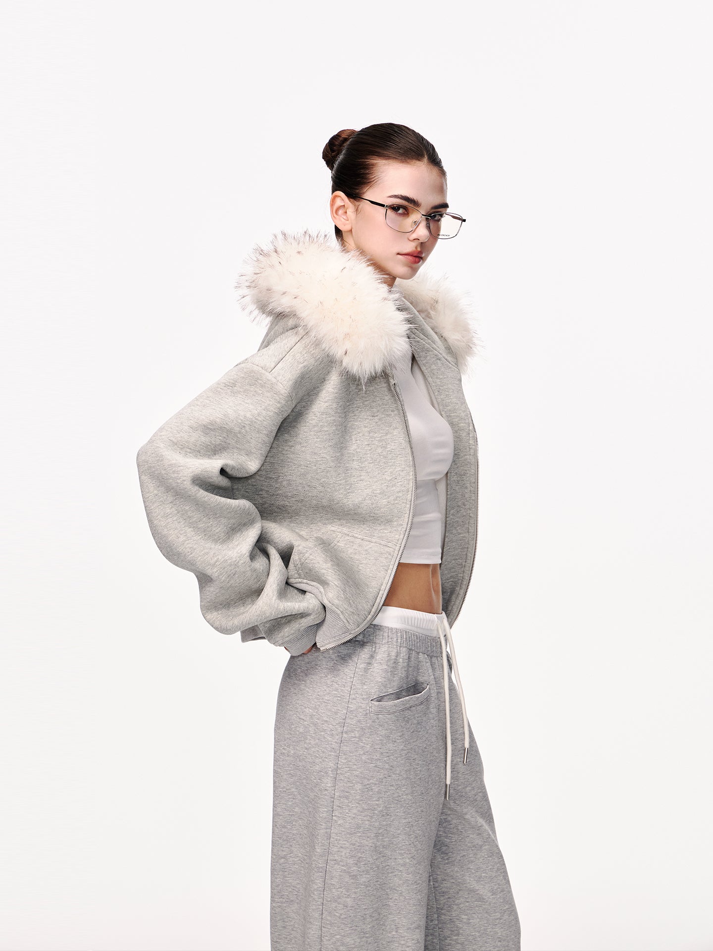 Faux Fur Hood Cropped Zip Hoodie