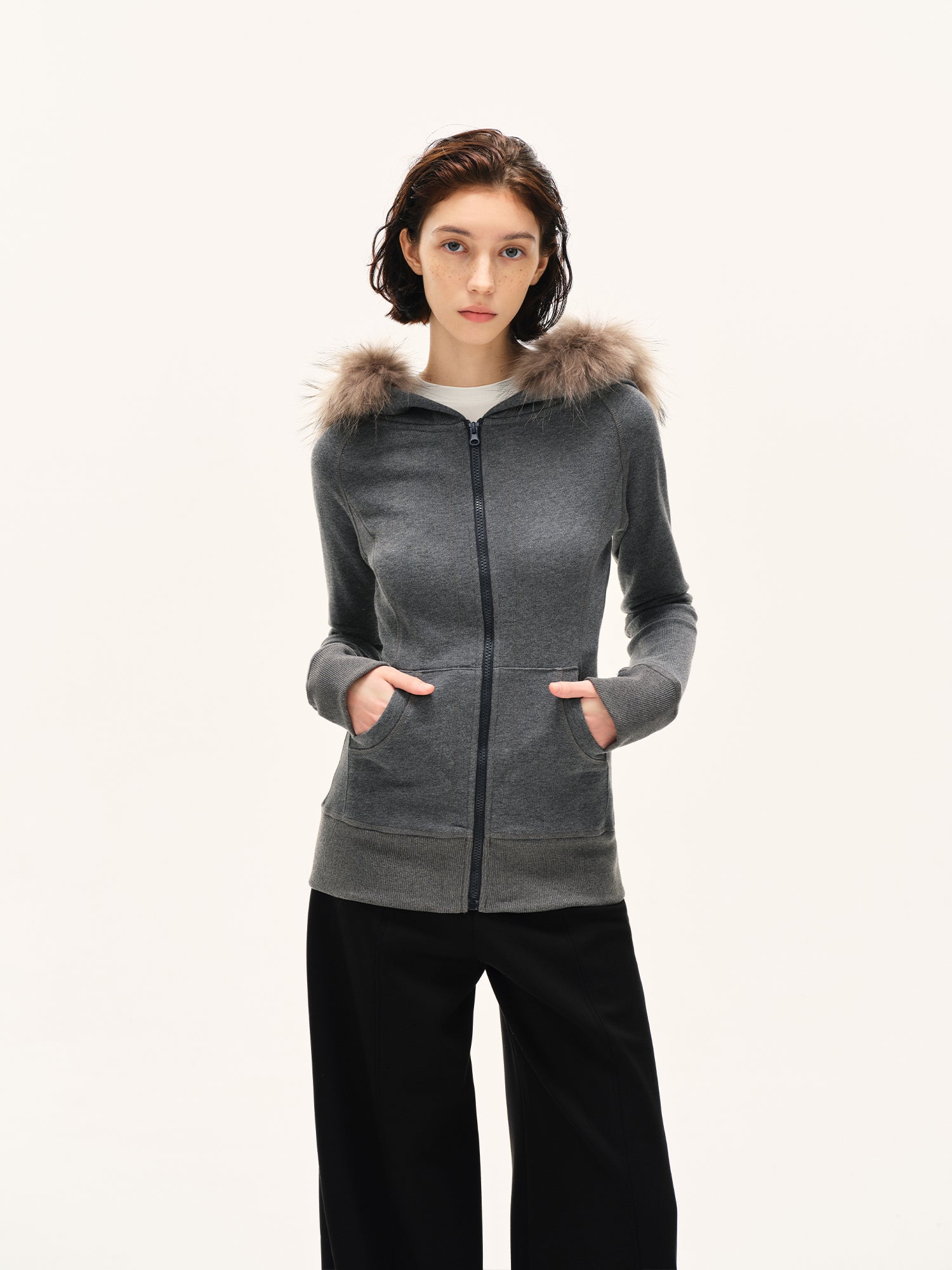 Faux-Fur Trim Fitted Zip Hoodie