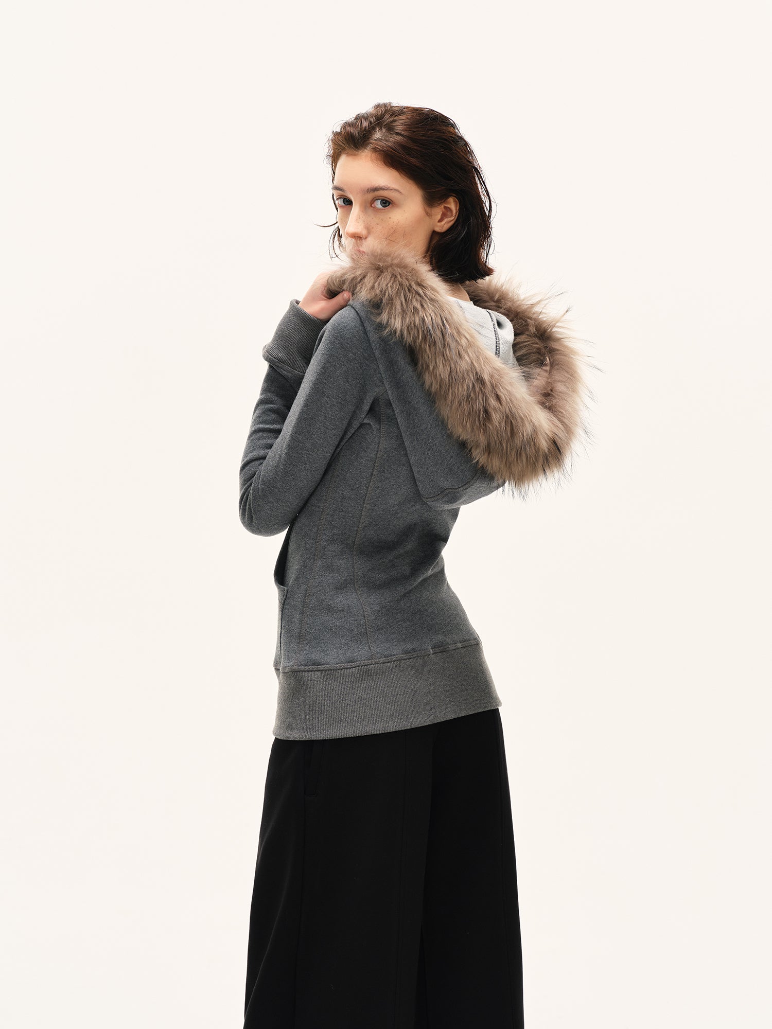Faux-Fur Trim Fitted Zip Hoodie