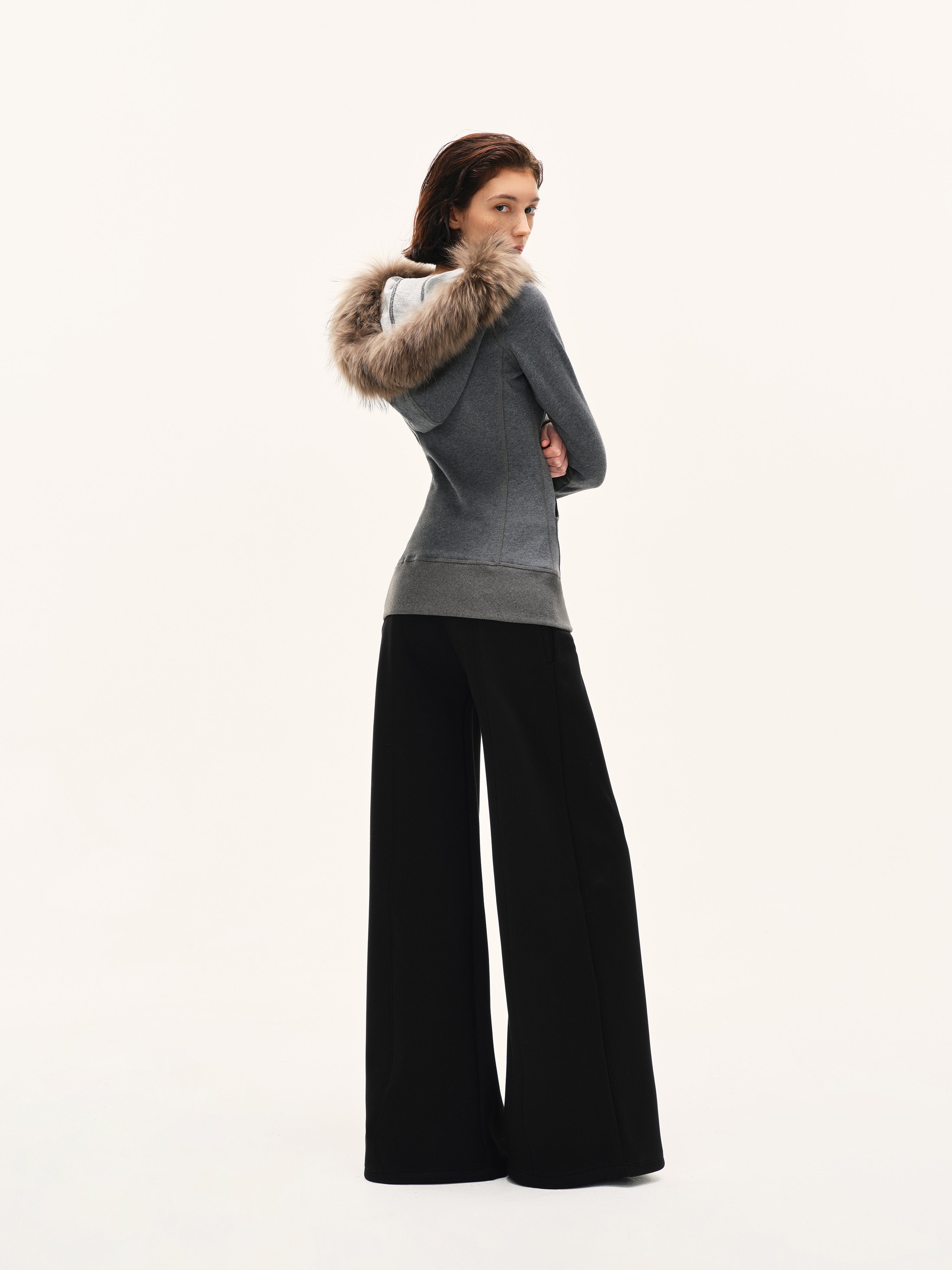 Faux-Fur Trim Fitted Zip Hoodie